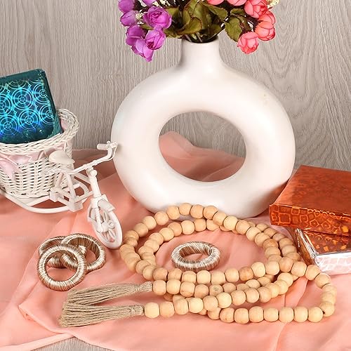 Miniatura 7 de Light & Pro Guirnalda de cuentas de madera rústica con borlas de yute natural, guirnalda decorativa estilo campestre para colgar en la pared para