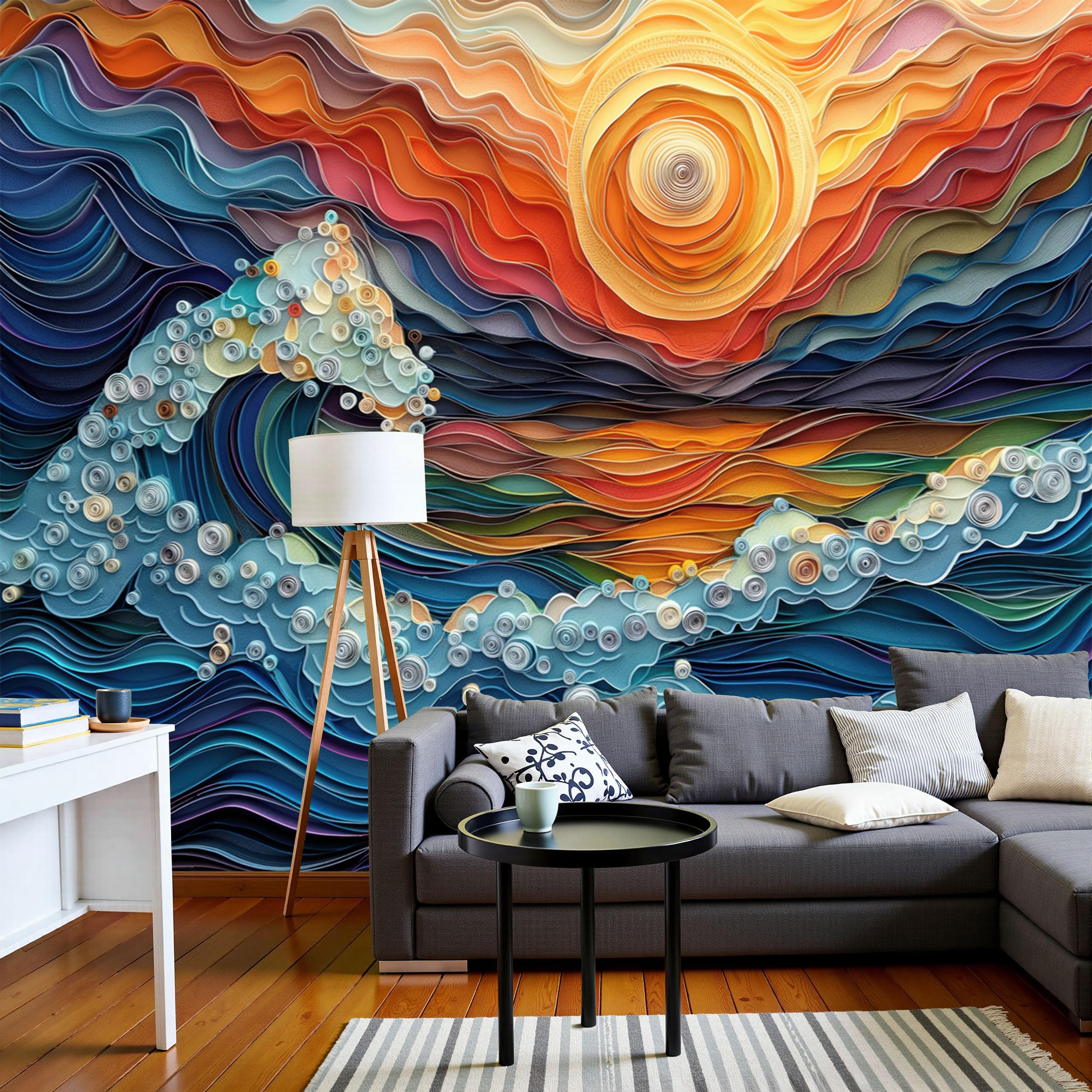 Papier peint panoramique bleu marine pour chambre parentale effet quilling