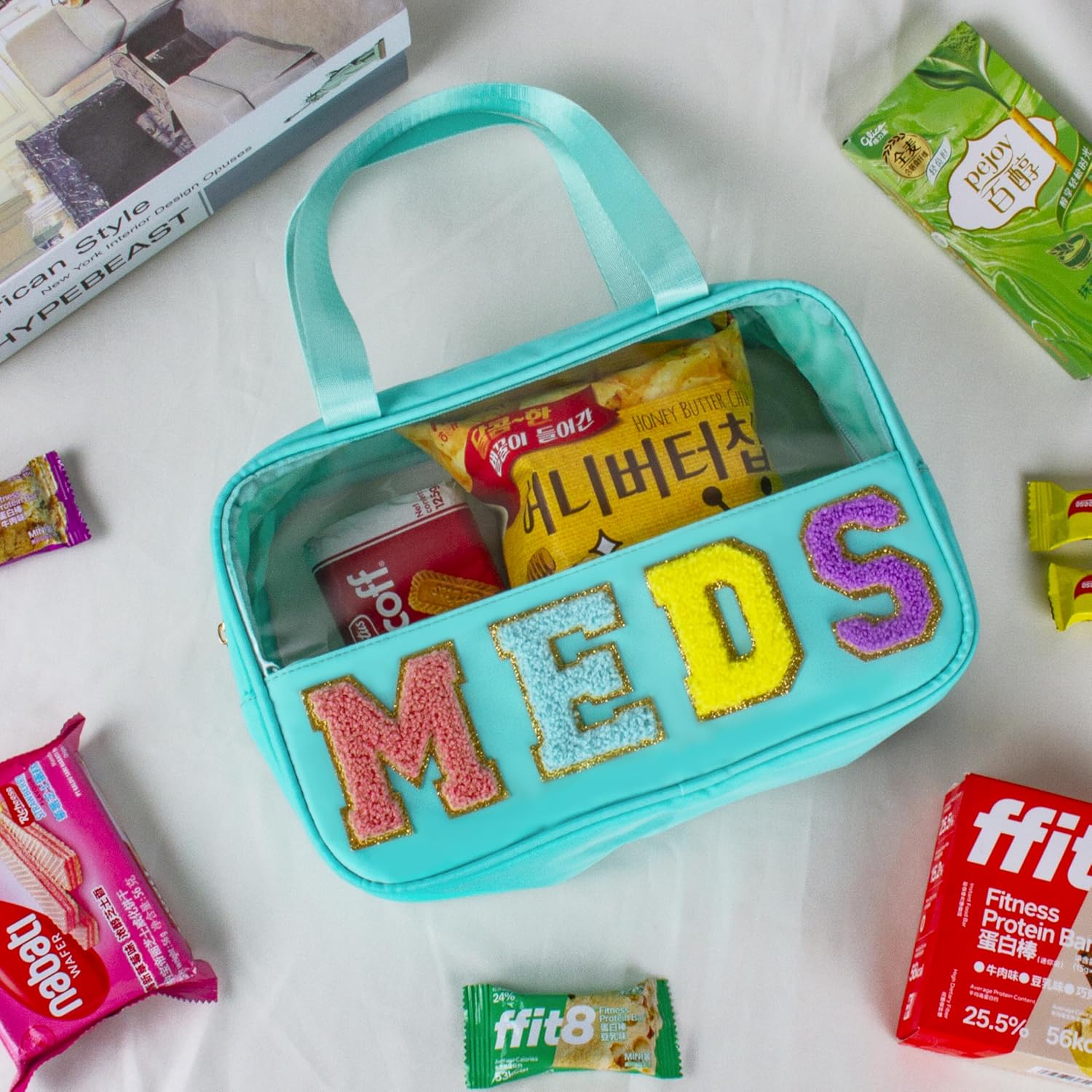 Medicine Bag for Travel, Chenille Letter Clear Makeup Bag, 11.8" x 7.9" Nylon & PVC Waterproof Meds Pouch with Handle and Zipper, Cute Preppy Storage Cosmetic Pouches for Women Girls (Meds Blue) - Image 7