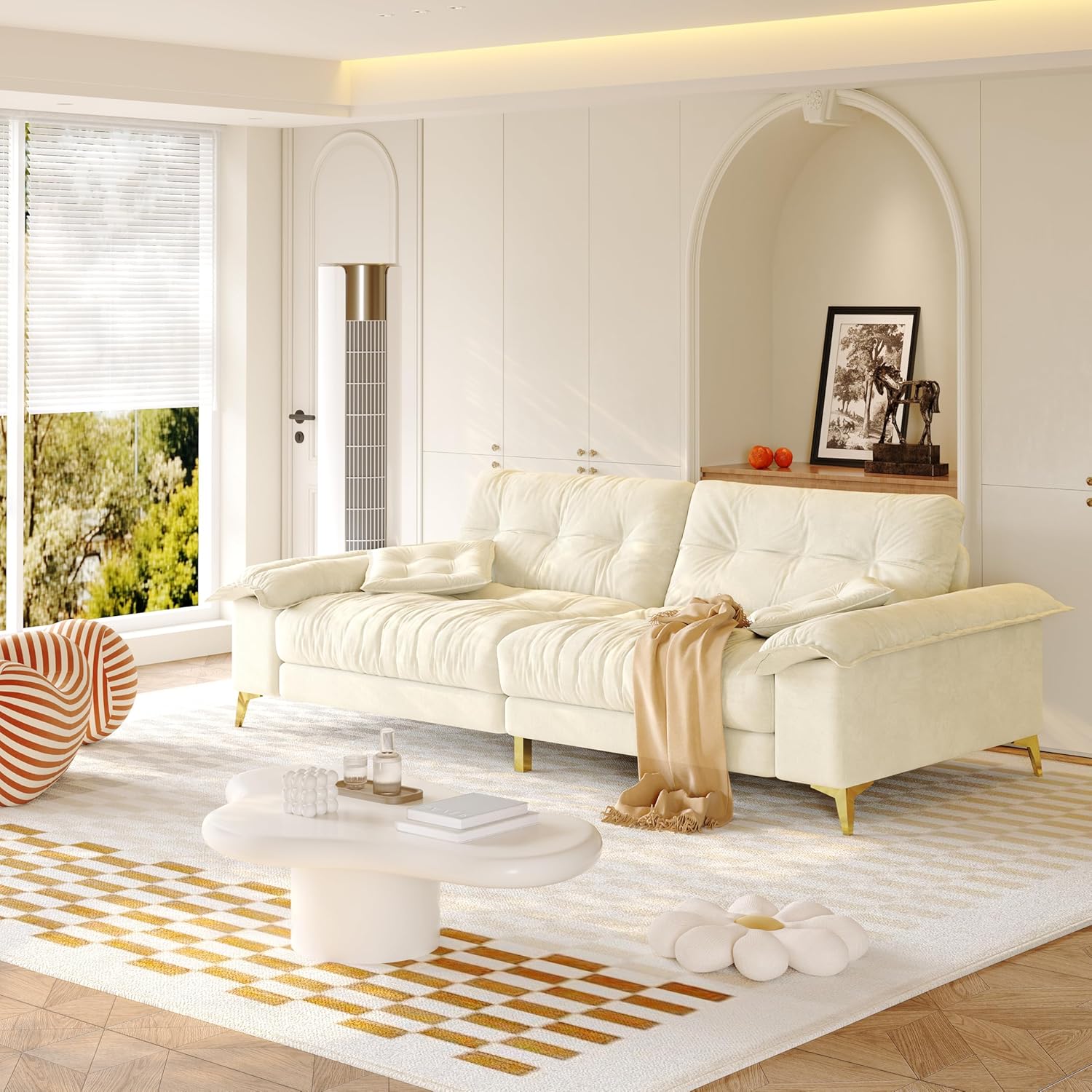 104.7'' Oversized Modern Loveseat, Luxury Chenille Couch, Deep Seat Modular Sectional Sofa, Removable Padded Armrests, Tufted Back, Gold Legs, 4-Seater Couches for Living Room Apartment, Beige