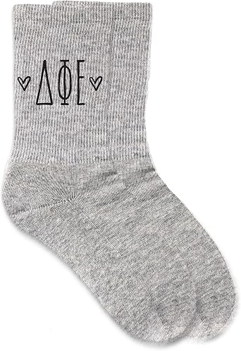 Delta Phi Epsilon - Sorority Letters with Hearts Greek Letter Crew Socks - White, Pink and Heather Gray