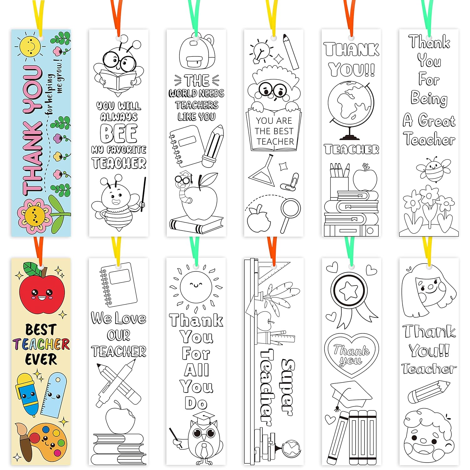 Haooryx 75Pcs Teacher Appreciation Color Your Own Bookmarks for Kids Coloring Craft Thank You