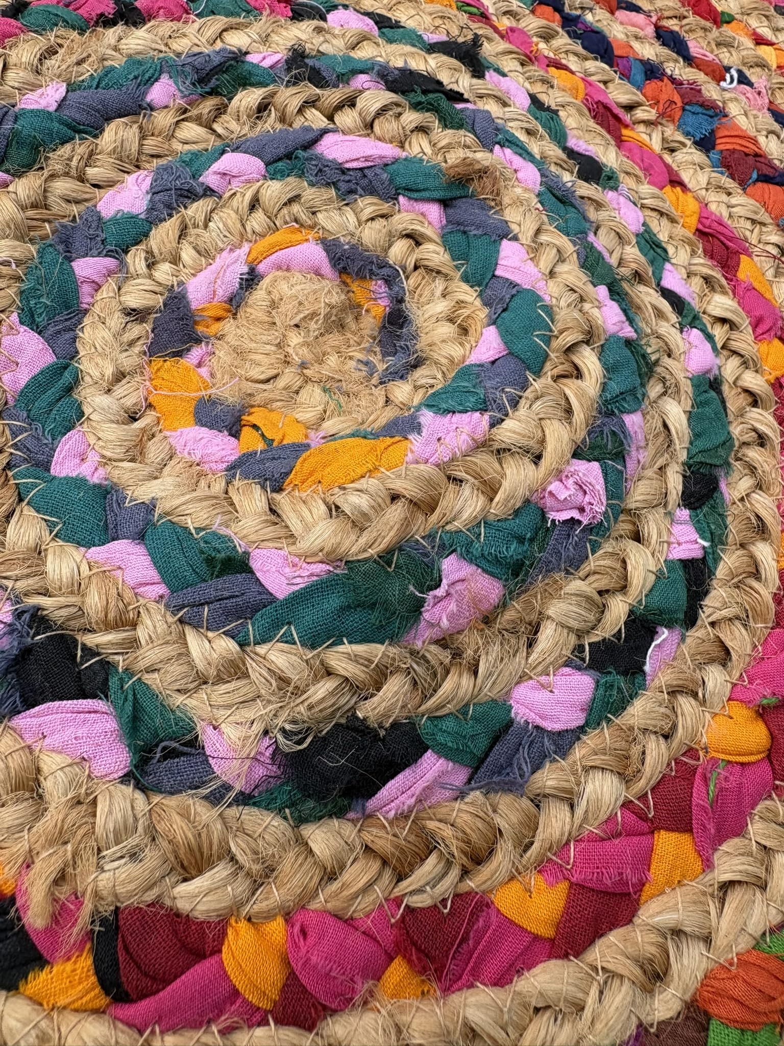 Tappeto Rotondo in Juta e Cotone Multicolore, Intrecciato e Cucito a Mano, Stile Etinco Naturale Tondo Esterno Interno (110_cm_Diametro)