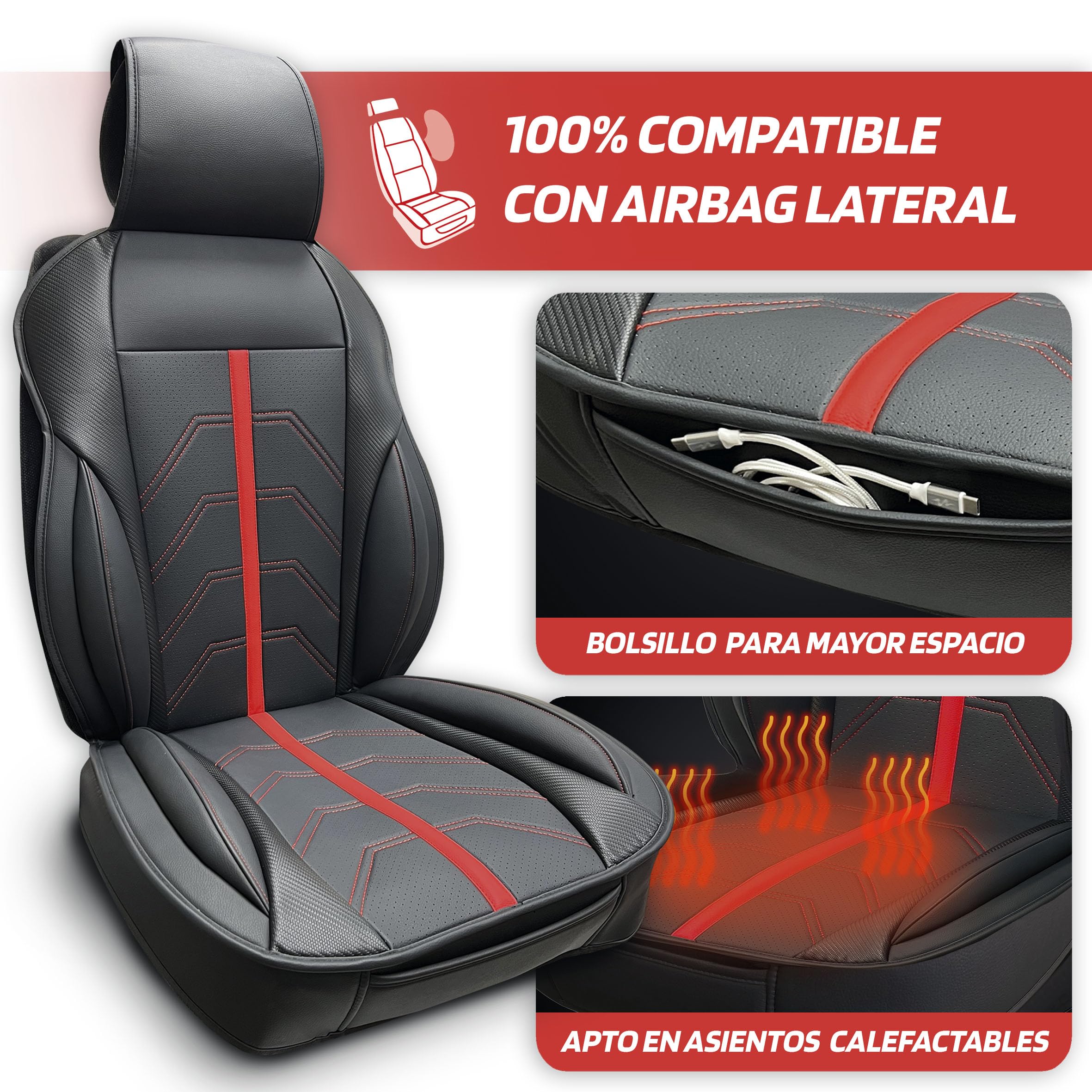 S SUMEX Respaldo de Asiento para Coche Modelo Potenza Color Negro y Rojo Funda Deportiva Universal Impermeable de Piel Sintetica