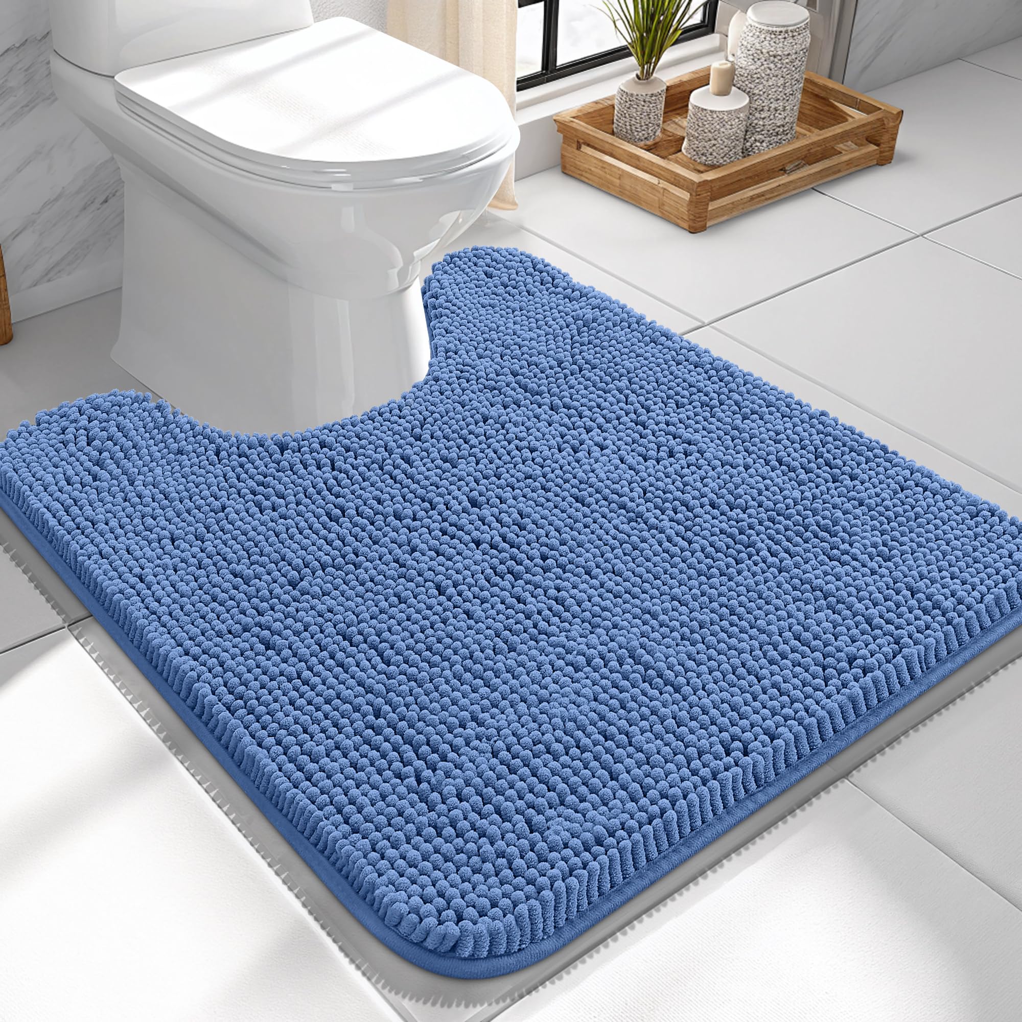OLANLY Toilet Rugs U-Shaped 24x24, Soft Absorbent Chenille Contour Rugs | Cornflower Blue, Quick-Drying Rubber Backing, Washable Non-Slip Shaggy Bathroom Mat for Toilet, Home Decor Accessories