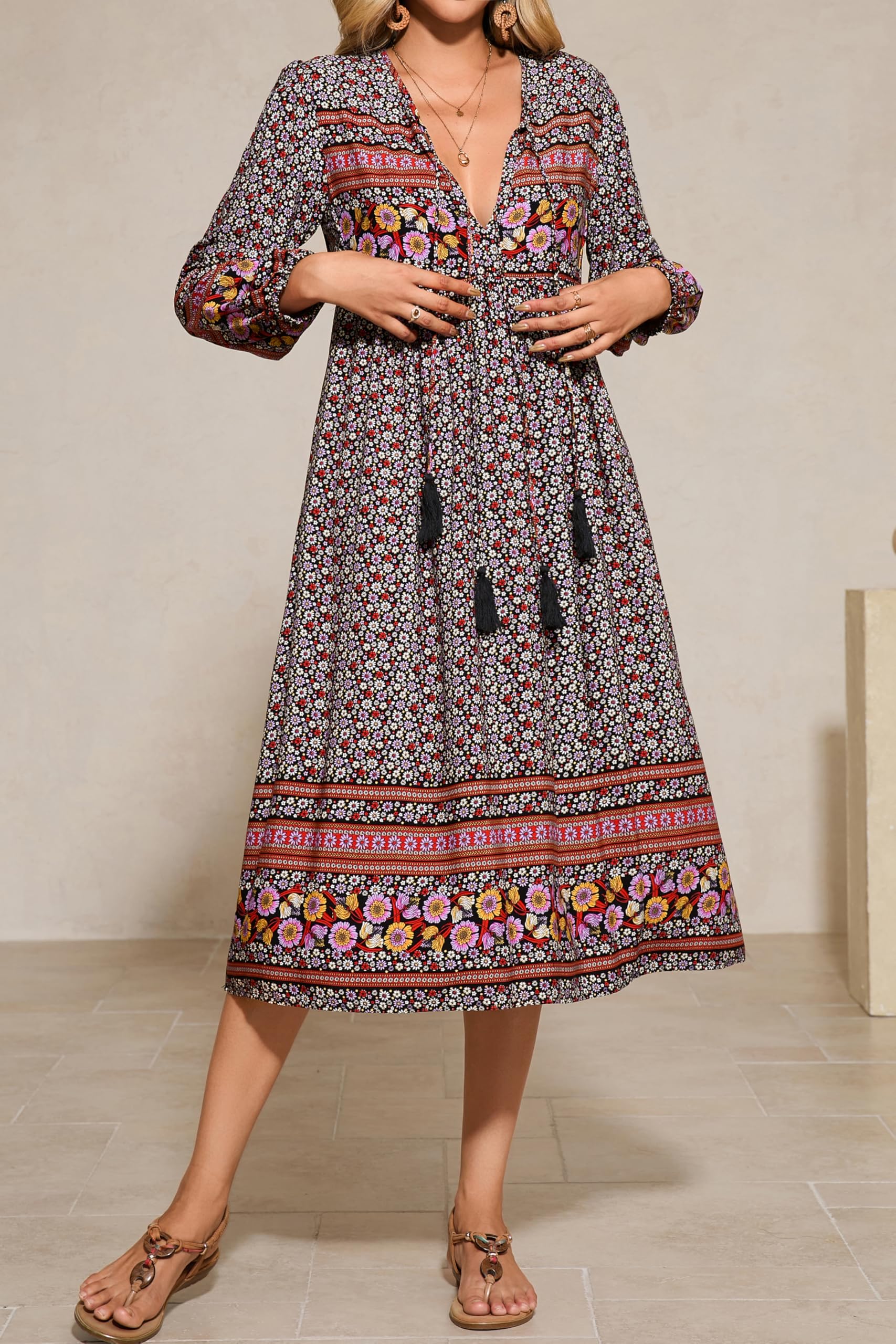 R.Vivimos Elegante Casual Mujer Bohemio Vestido Largo Estampado Corbata Manga Larga Vestido de Midi de Playa Vestido de Vacaciones