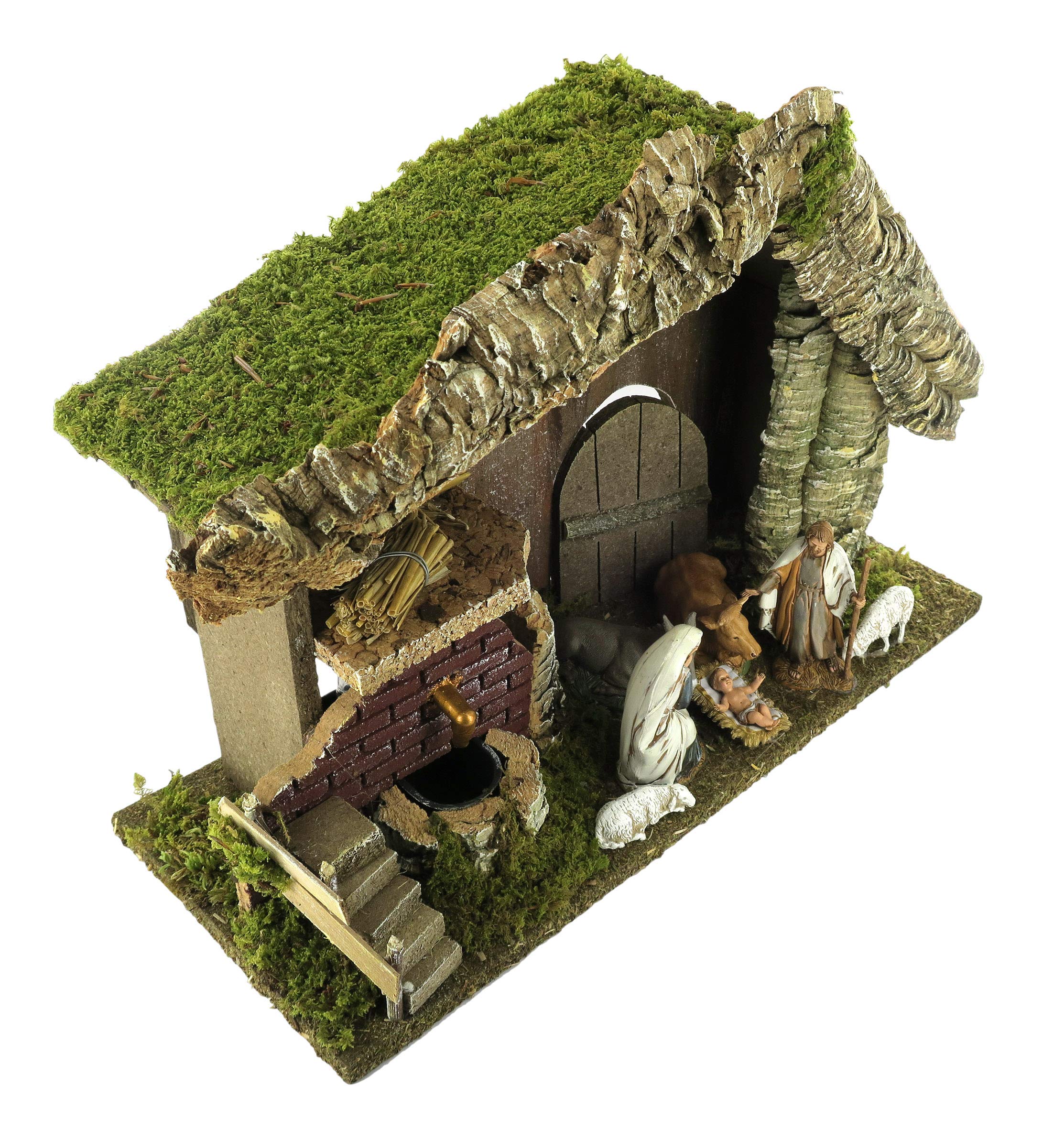 Bertoni | Krippenstall mit funktionierendem Brunnen und Nativitat fur Krippe mit 5 Figuren und 2 Schafen | 42 x 18 x 28 cm | Italienisches Produkt