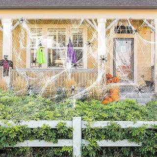 450 sqft Spider Webs Halloween Decorations with 60 Fake Spiders, Stretch Fake Cobwebs for Bushes Halloween Theme Party Indoor and Outdoor