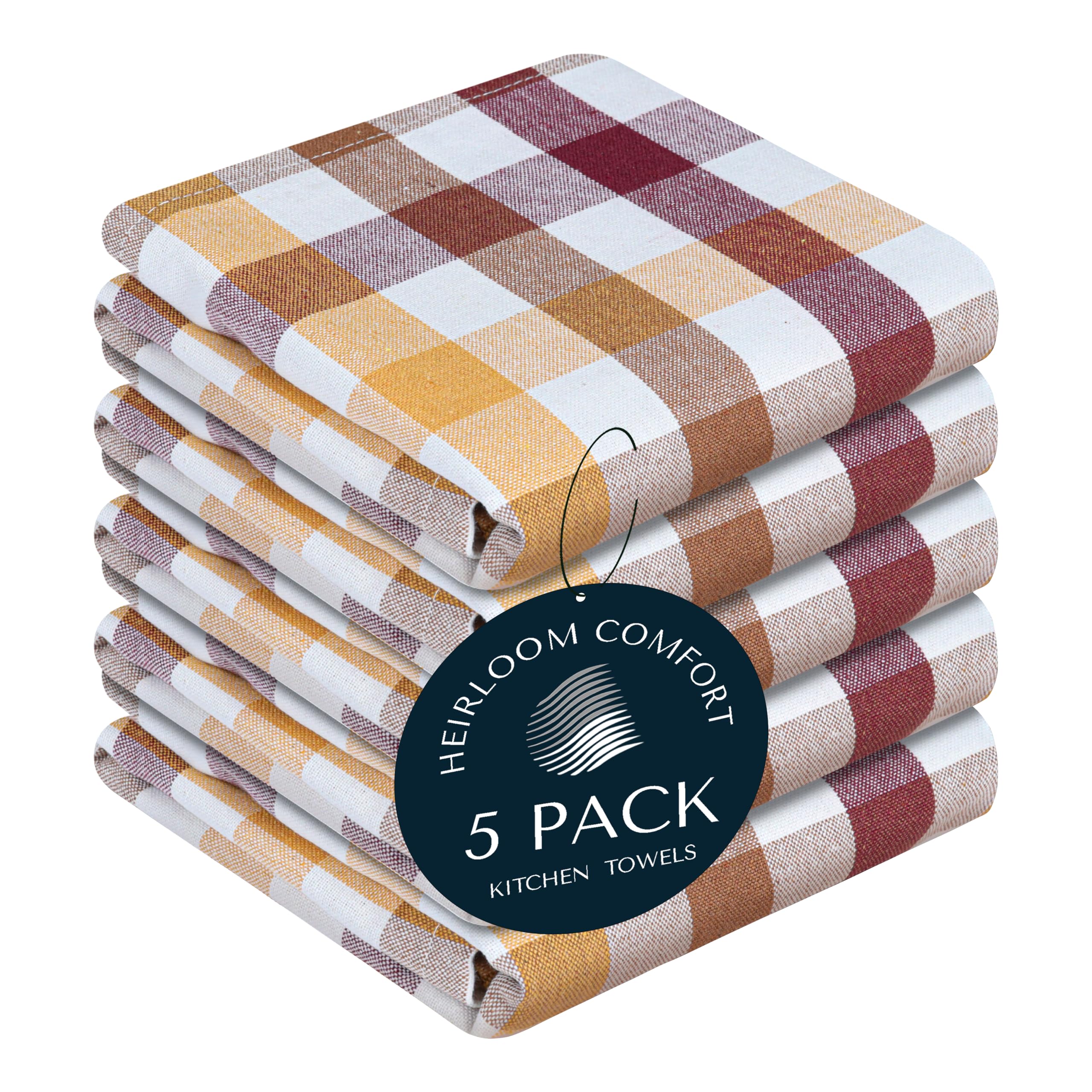 HEIRLOOM COMFORT Gingham Check Kitchen Towels 5 Pack, 45x66 cm, 100% Cotton, Super Absorbent & Quick Dry, Dish Towel for Drying Dishes, Washable, Everyday Use - Burgundy, Brown, Mustard Yellow