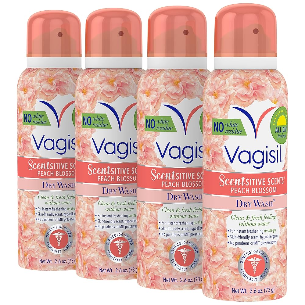 Vagisil Scentsitive Scents Feminine Dry Wash Deodorant Spray for Women, Gynecologist Tested, Paraben Free, Peach Blossom, 2.6 Ounce (Pack of 4)