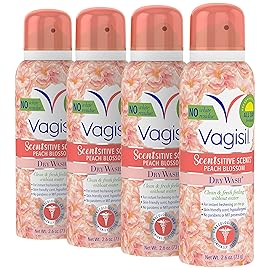 Vagisil Scentsitive Scents Feminine Dry Wash Deodorant Spray for Women, Gynecologist Tested, Paraben Free, Peach Blossom, 2.6 Ounce (Pack of 4)