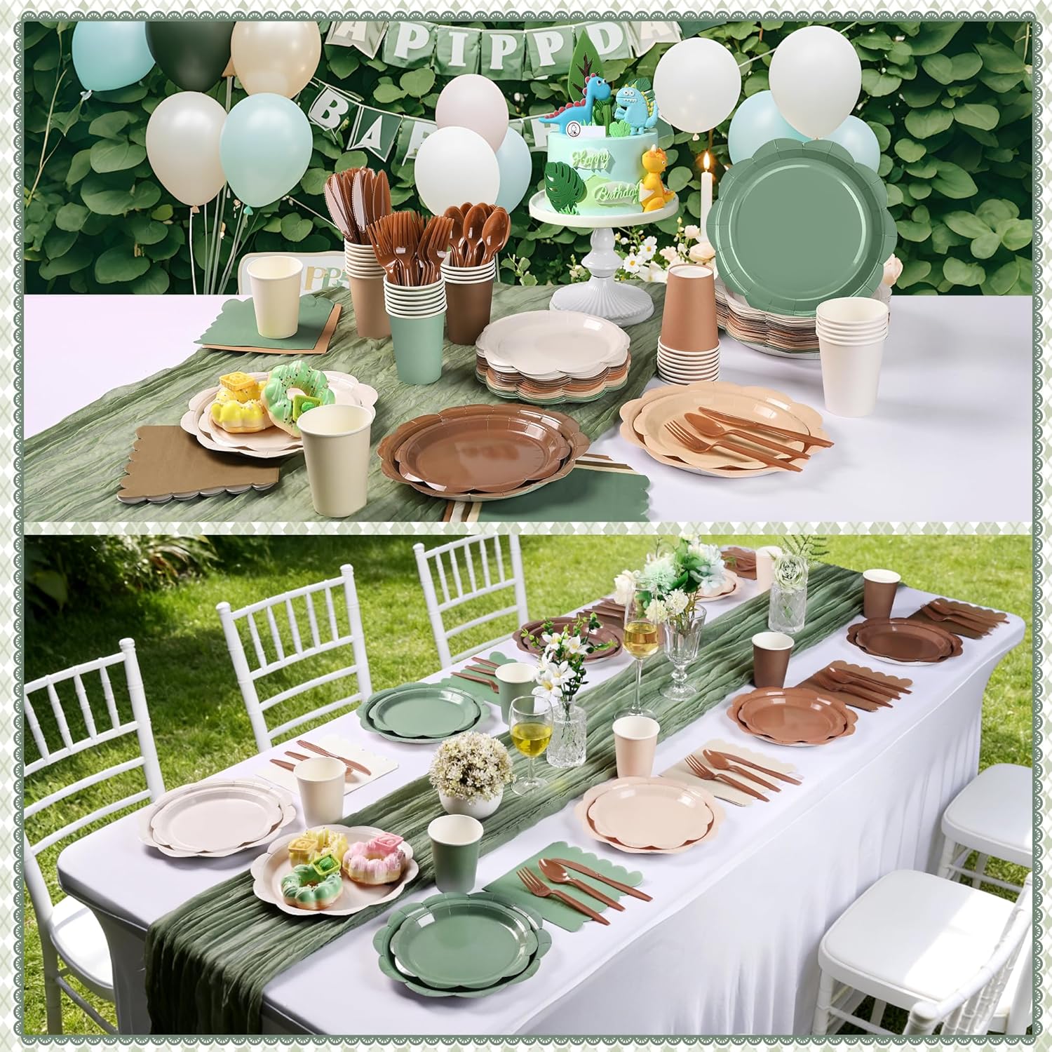 350 Pcs Woodland Baby Shower Party Supplies Set - Sage Green and Brown Paper Plates and Napkins Set Include Scalloped Paper Plate Napkin Cup Spoon Fork Knife for Safari Jungle Baby Shower Decorations