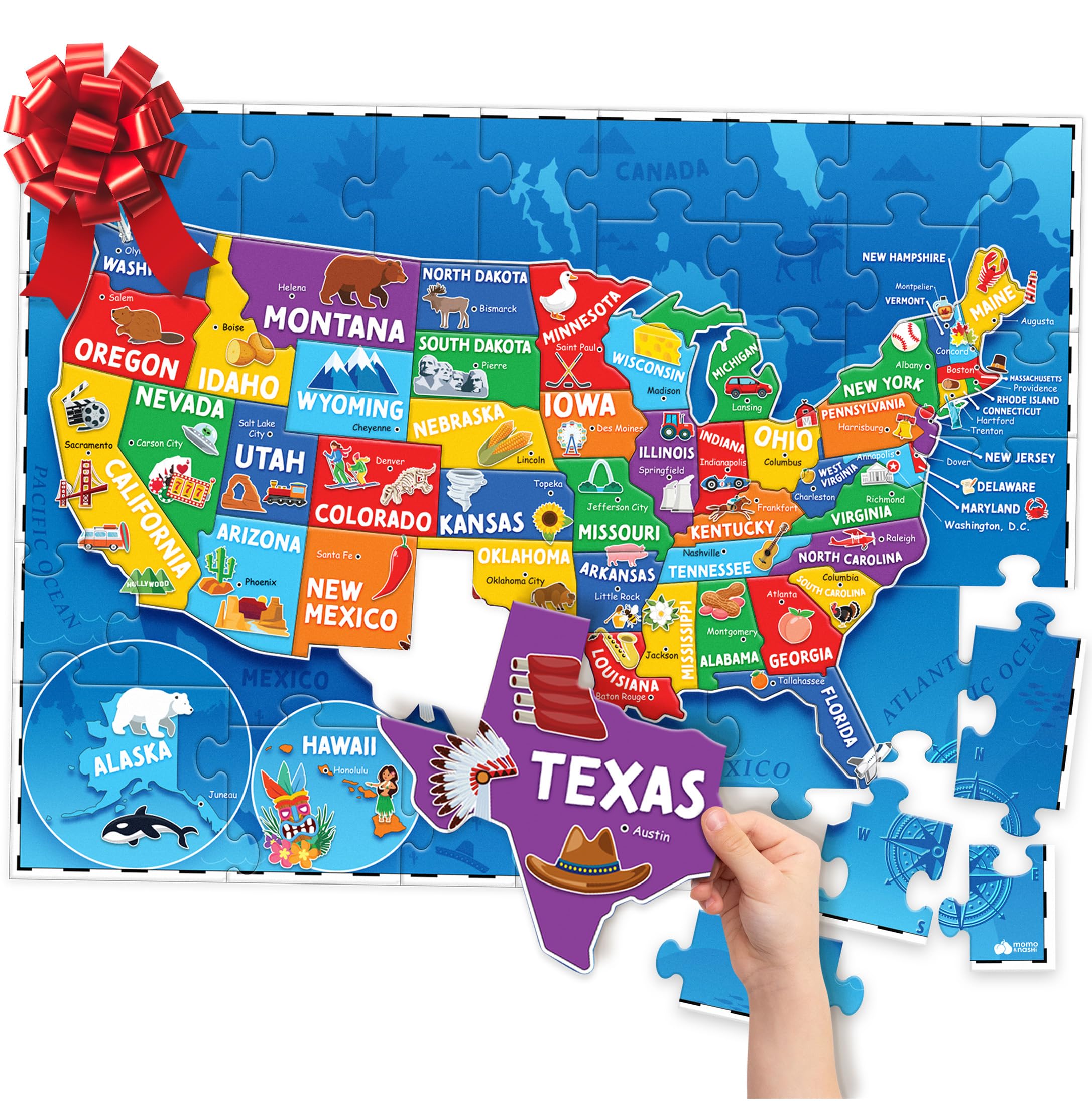 Momo & Nashi United States Puzzle For Kids-70 Piece-Usa Map Puzzle 50 States With Capitals-Childrens Jigsaw Geography Puzzles For Kids Ages 4-8,5,6,7,8-10 Year Olds-Us Puzzle Maps For Kids Learning
