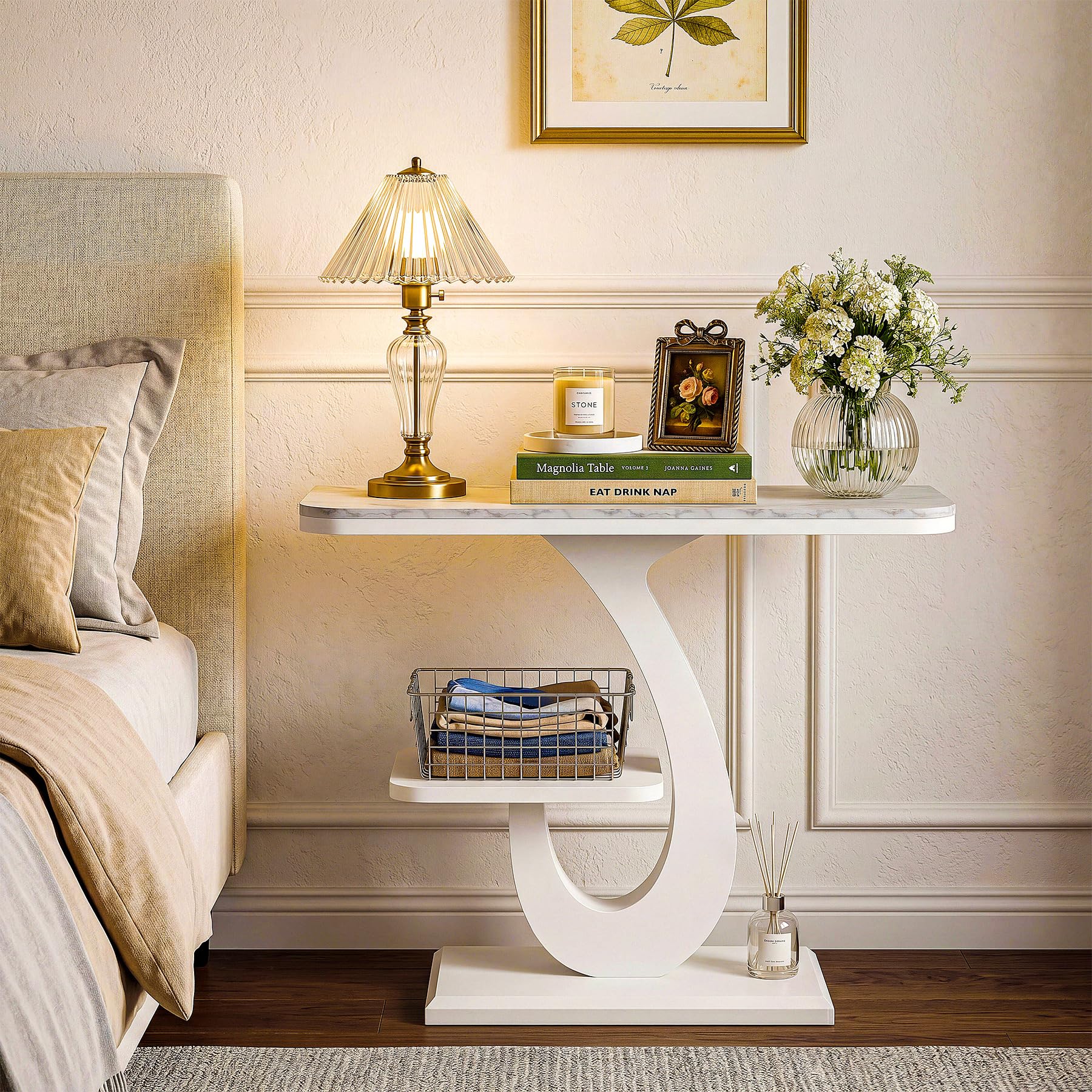 Tribesigns Tavolo consolle sottile bianco, 100 cm, moderno con effetto marmo e ripiano per divano, per ingresso, corridoio, soggiorno, dietro il divano, foyer