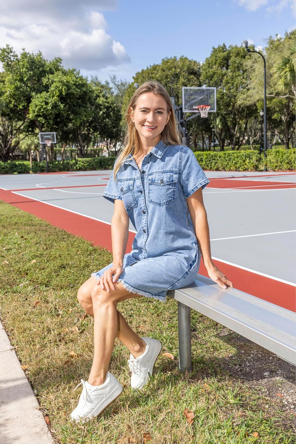 luvamia Denim Dresses for Women Distressed Summer Short Sleeve Button Down Collared Raw Hem Jean Shirt Dress with Pocket - Image 6