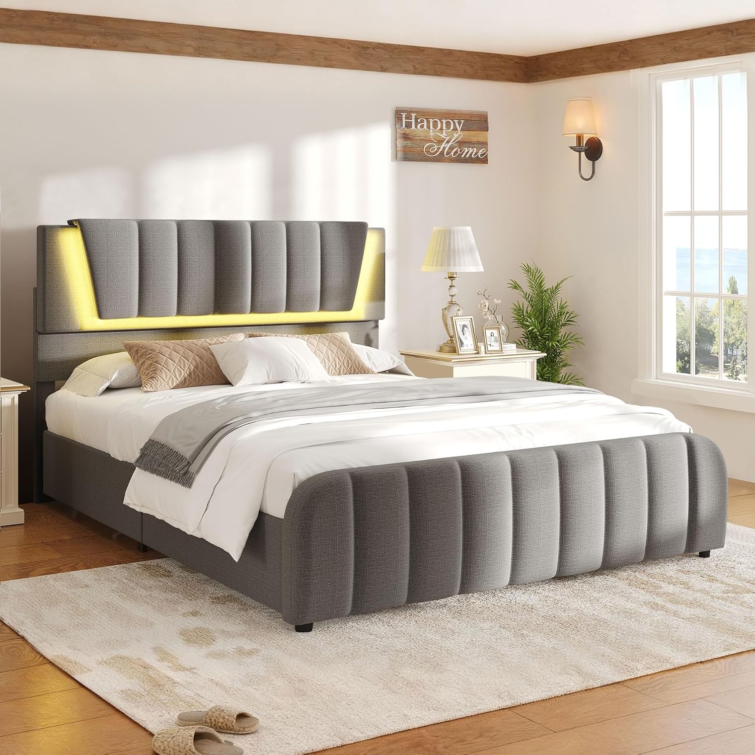 Full Size LED Platform Bed Frame with Soft-Glow Mood Lighting & Adjustable Upholstered Headboard, Modern Linen Bed with Storage Drawers, Heavy Duty Metal Support, No Box Spring Needed, Grey