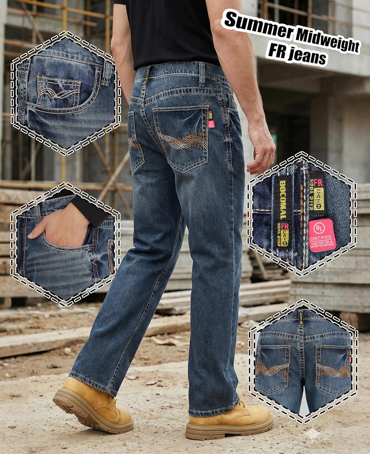 BOCOMAL FR Jeans for Summer Midweight EX-Soft Relaxed Boot Cut Vintage Washed Flame Resistant Work Pants NFPA2112 CAT2