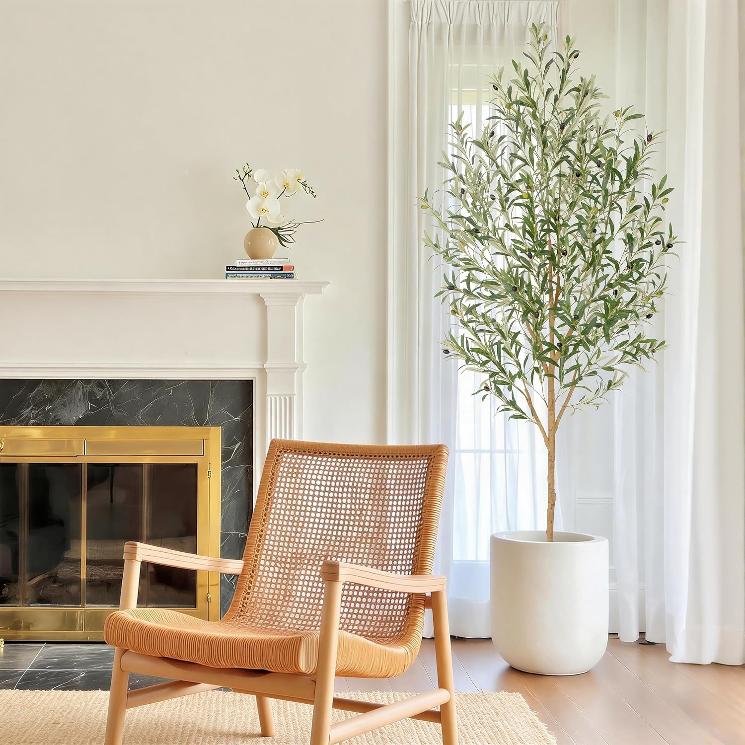 Bellacat 7ft Faux Olive Tree with Warm White Spotlight & Real Wood Trunk, 84in Artificial Olive Tree with Lifelike Fruits & Leaves, Fake Olive Tree Indoor for Living Room Bedroom Office Decor
