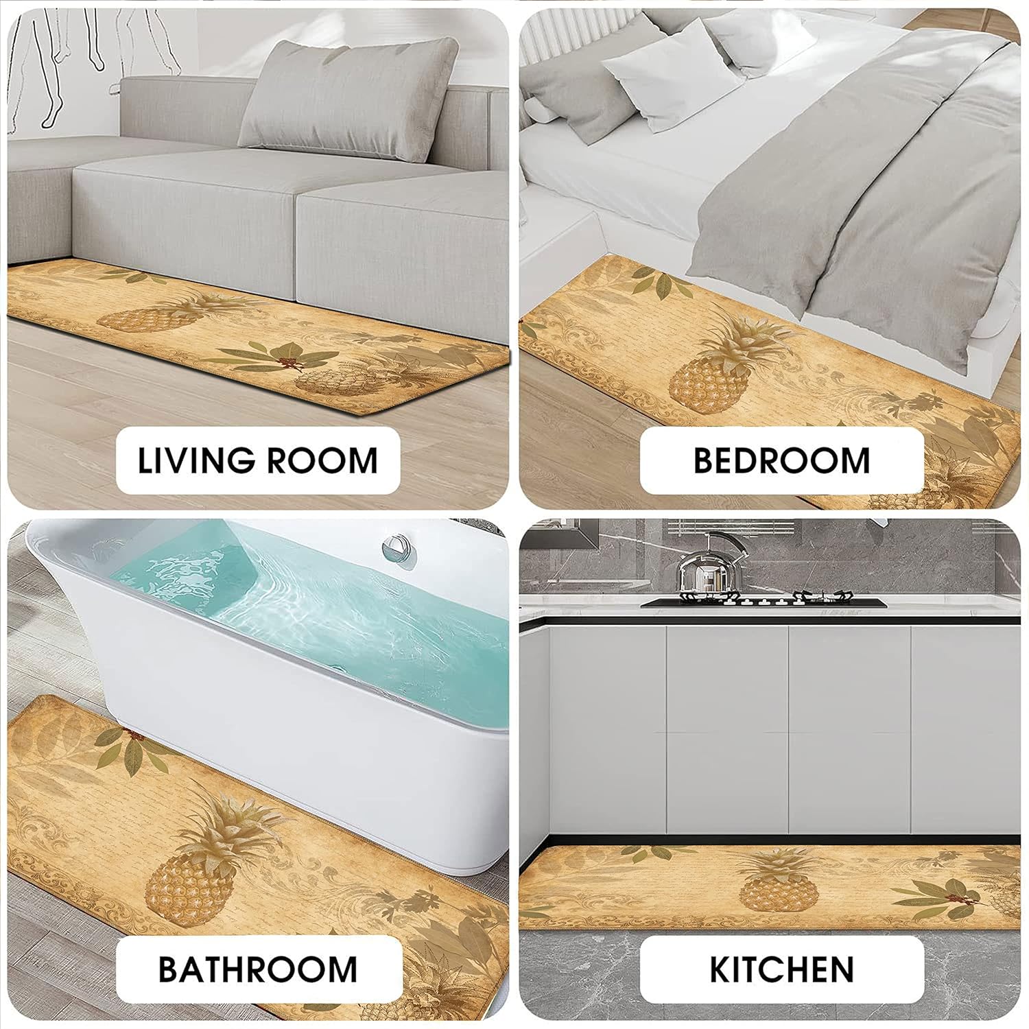 Boho Pineapple Kitchen Rugs and Mats for Floor 2 Piece Sets, Anti Fatigue Floor Mat in Front of Sink for Standing for Kitchen Decor 17"X30"+17"X47"