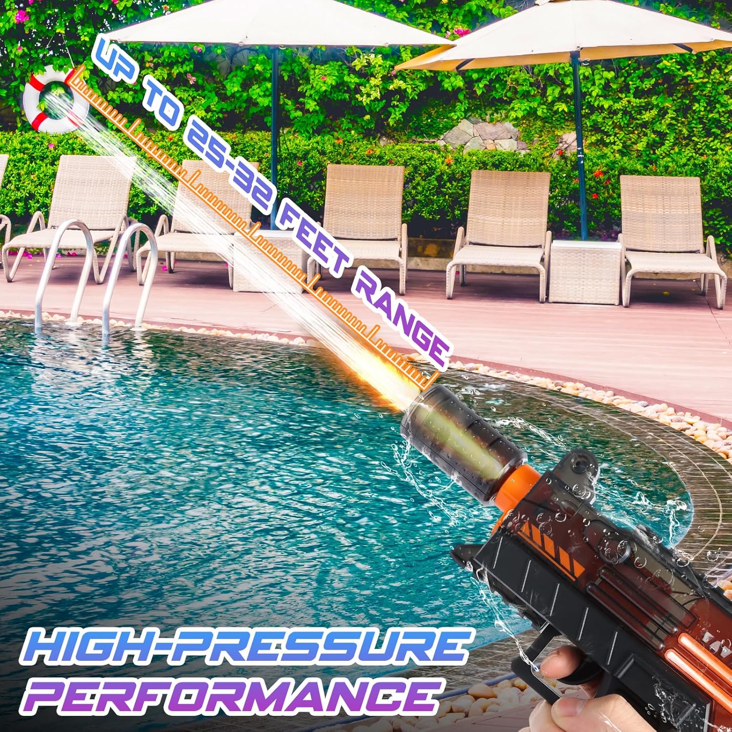 Electric Water Gun with LED Nozzle & Dual Tanks – 32ft Range, USB Rechargeable Outdoor Water Toy (Cool Black)