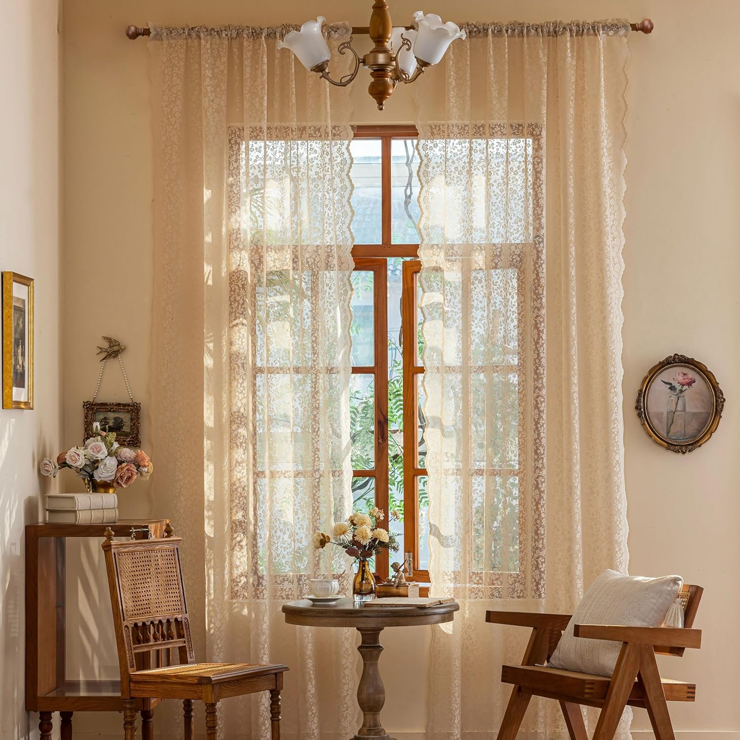 Beige Lace Sheer Curtains - Floral Light Filtering Translucent Drapes with Scalloped Edges for French Doors & Living Room, Romantic Rod Pocket Vintage Crochet,2 Panels,52x84 Inches