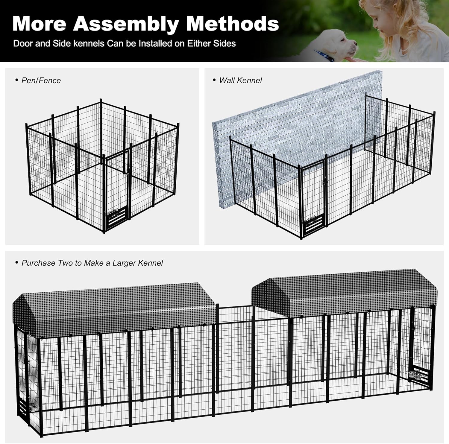 HITTITE 8x4x6 FT Large Outdoor Dog Kennel, Expandable Modular Dog Kennel Outside with Rotate Feeding Door, Heavy Duty Welded Wire Steel Dog Run Dog Playpen Fence with Black Roof Cover for Backyard