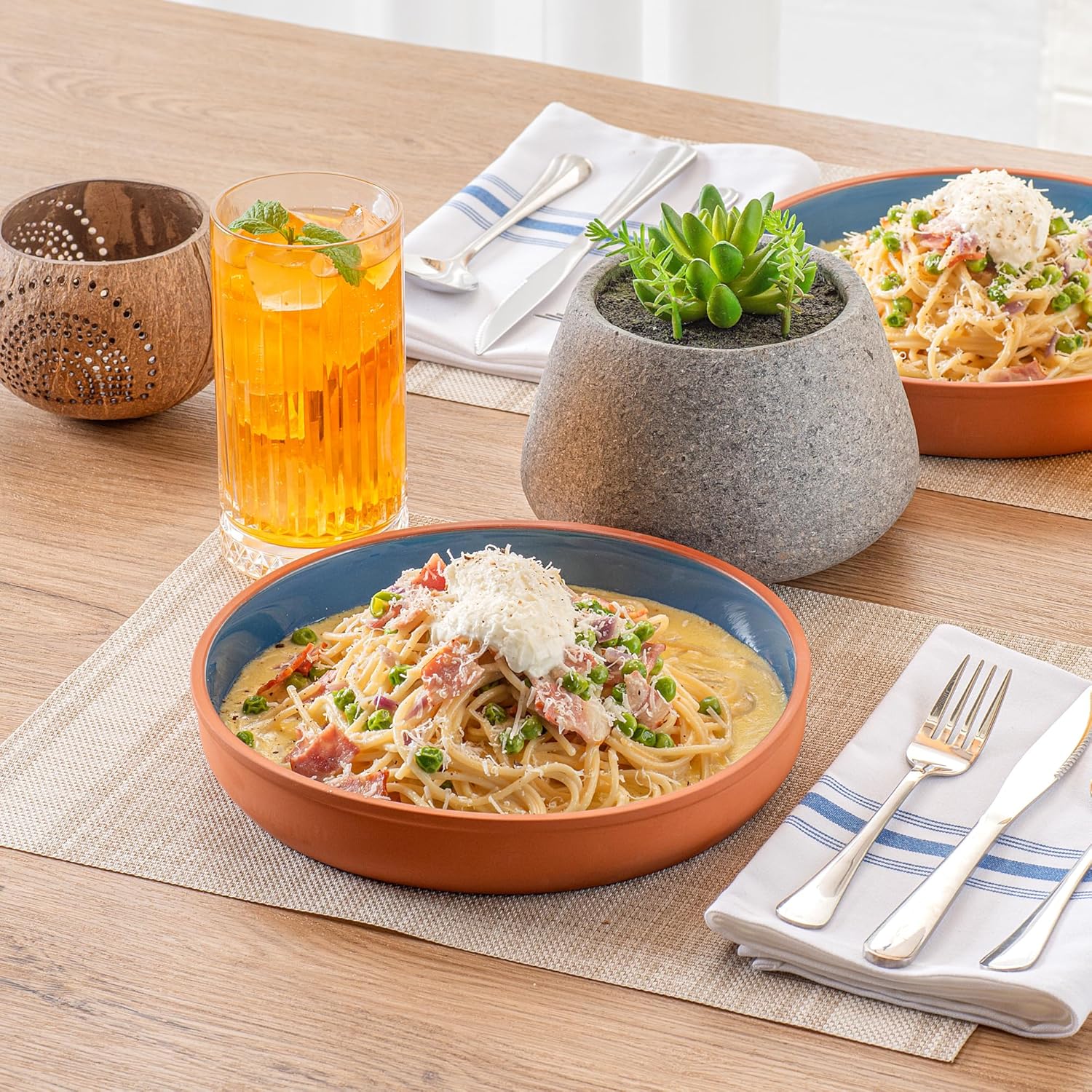 Restaurantware-Terra Tek 34 Ounce Terracotta Cazuelas, 2 Blue Glazed Clay Pots For Cooking - Oven-Ready, Microwavable, Terracotta Serving Pots, Dishwashable, For Cooking And Serving