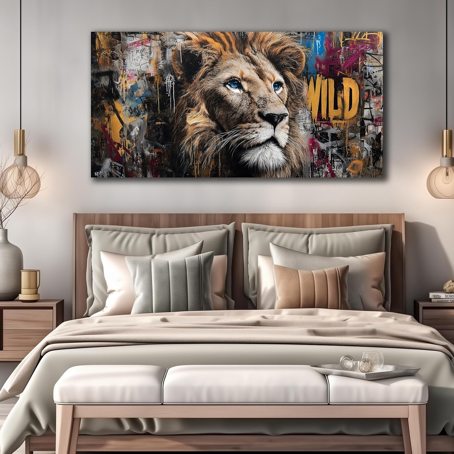 JuhaiArt Brown Wall Art Lion Artwork Graffiti Wall Decor Animal Canvas Art for Living Room Bedroom Home Office Prints Colorful Large Picture 29" x 59"