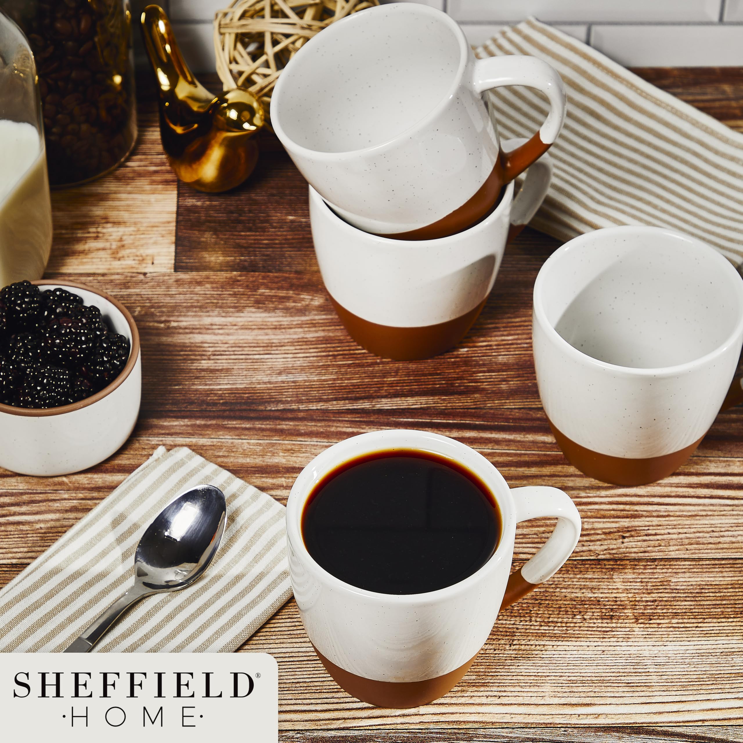 Sheffield Home Große Kaffeetassen aus Steingut, 473 ml, mit Griffen, spülmaschinen- und mikrowellengeeignet, ideal für Cappuccino, Espresso, Latte oder Tee, Vanilleweiß, 4 Stück