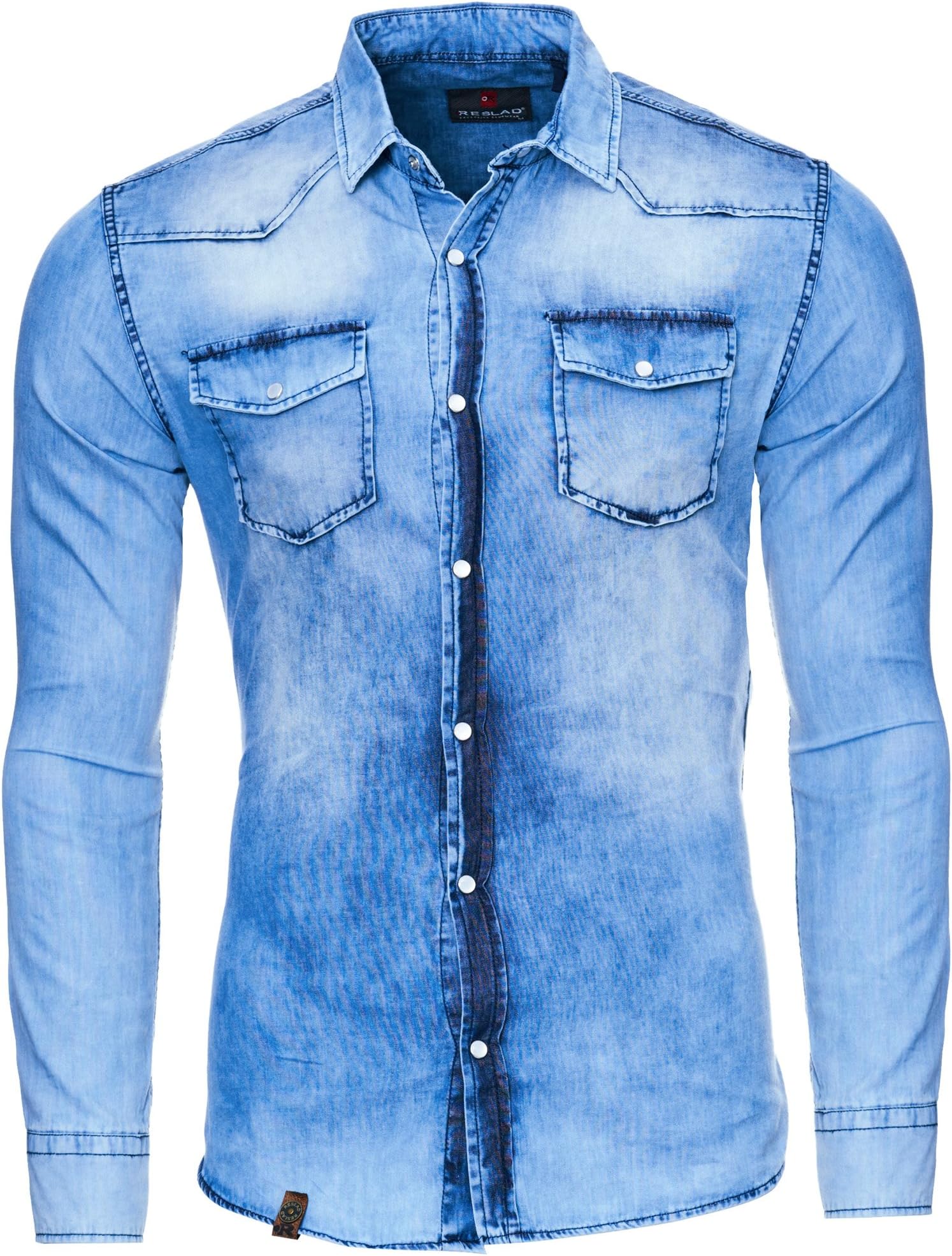 Reslad Men's Slim Fit Vintage Denim Shirt Wash Blue Leisure Shirt 100% Cotton; RS-7109