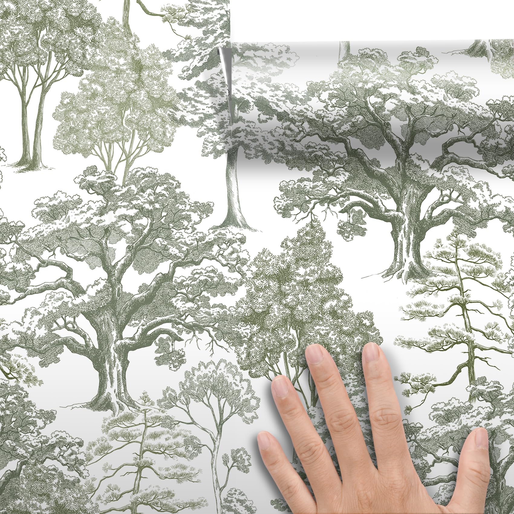 Livelynine Carta da Parati Toile de Jouy Verde Grigio Chiaro 44.5CMx7M Carta Adesiva per Pareti disegni Fantasia Bosco Alberi Grigio Bianco Rivestimento Adesivo per Mobili Fantasia Foresta Piante