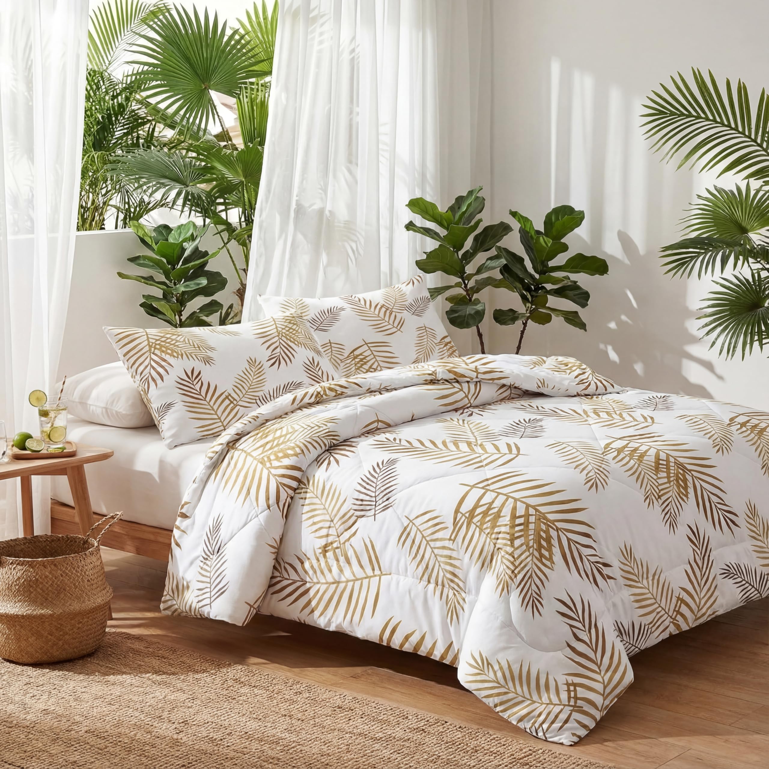 Trapunta 220 x 240 cm Piante Bianco Stampata Foglie Palma 4 Stagioni per Letto 2 Persone, Edredon Reversibile Trapunta Legere, Senza Houss e 2 federe 65 x 65 cm
