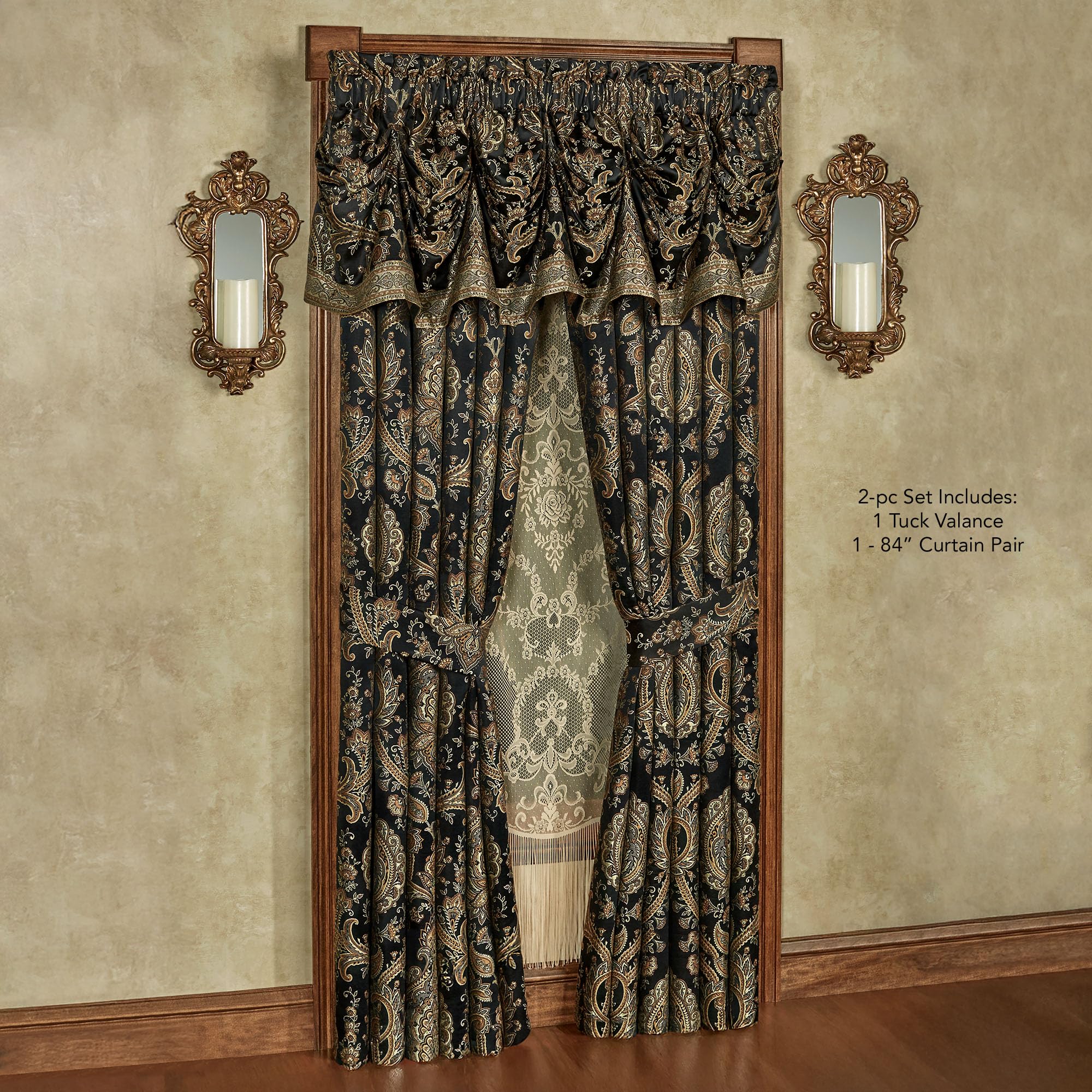 Bellevue Traditional Luxury Window Treatments | Elegant Tapestry-Style Woven Medallions and Florals | Neutral, Black, & Metallic Gold | Wide Window Drapery Set Includes Tuck Valance & 84L Curtain Pair