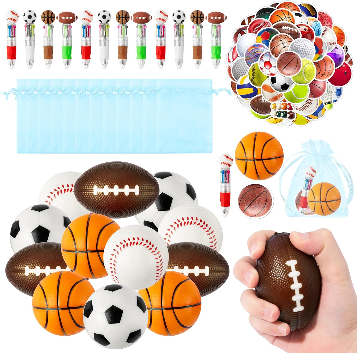 CY2SIDE 12 Pack Sport Squeeze Ball Party Favor Gift Set with Ballpoint Pen Sticker 2.5’’ Baseball Basketball Football Soccer Stress Ball Classroom Prize for Kid Sport Lover Birthday Goodie Bag Stuffer