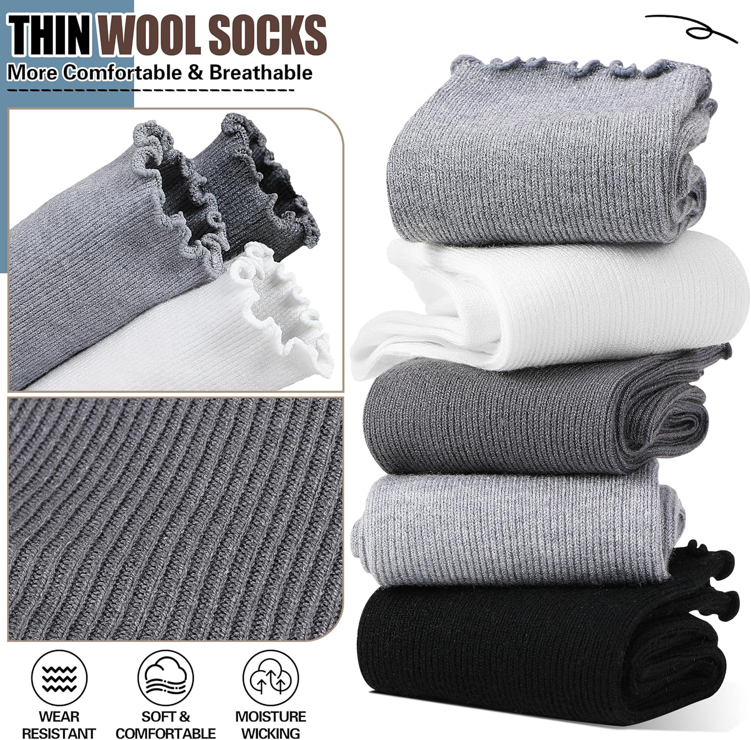 Thin Merino Wool Ruffle Boot Socks Warm Winter Cozy Frilly Soft Casual Breathable Socks for Womens 5 Pairs - Image 3