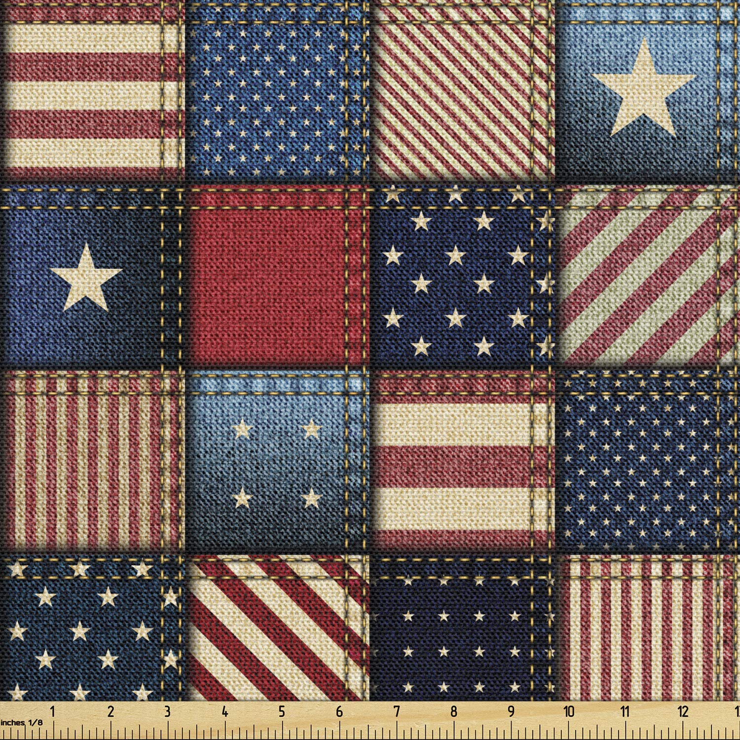 The Yard, tessuto con bandiera americana, patchwork con strisce verticali e orizzontali e forme a stella, tessuto decorativo per tappezzeria e accenti per la casa, 5 m, rosso blu