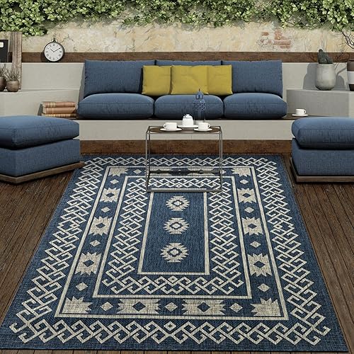 Antep Rugs Patio 8x10 - Alfombra nativa azteca del suroeste para exterioresinteriores (azul, 7 pies 10 pulgadas x 10 pies)