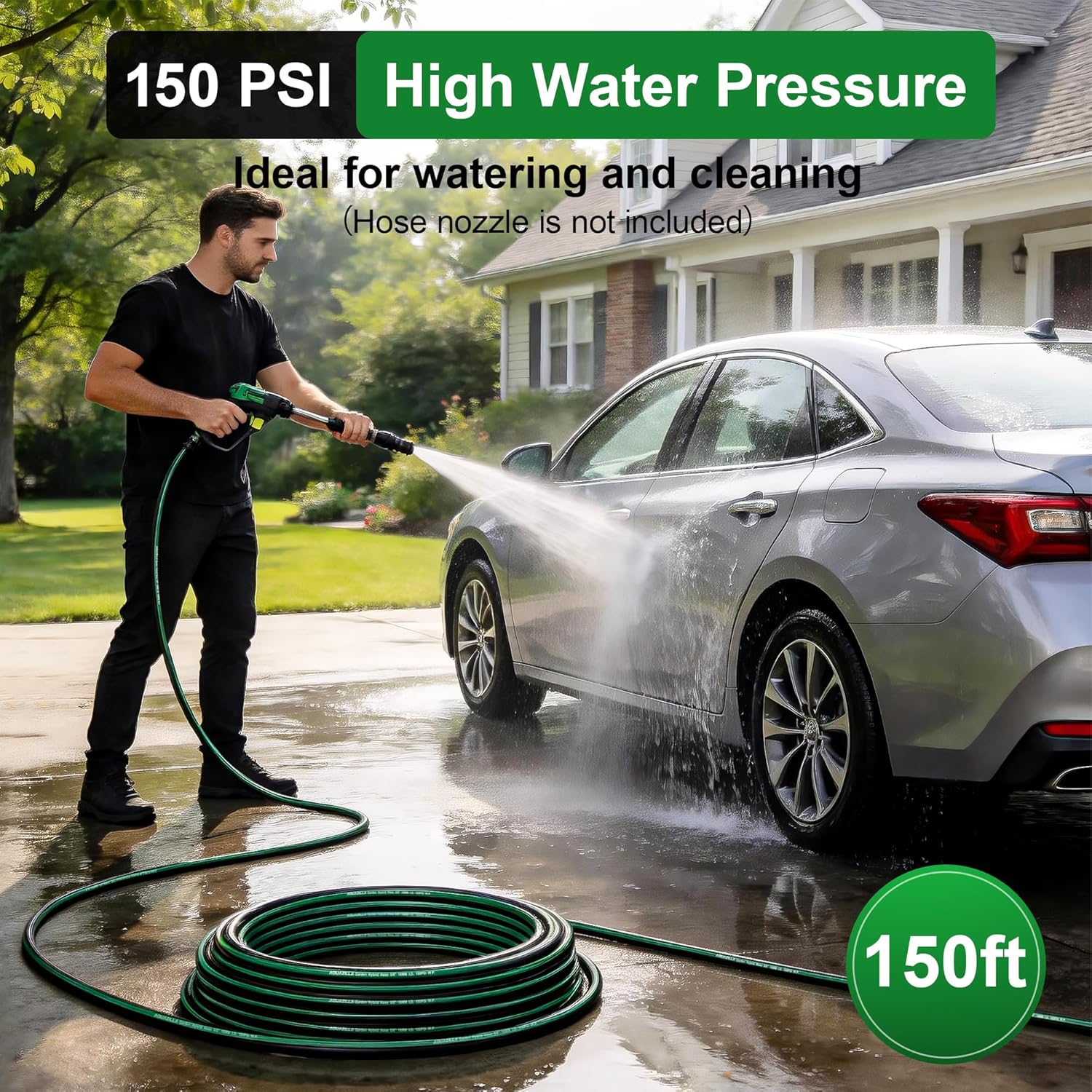 Garden Hose 150ft x 5/8" All-Weather Flexible Water Hose Lightweight, Durable, Kink-resistant, Heavy Duty Hybrid Polymer Hose, Male to Female Leak-Free Aluminum Connections, Burst 600 PSI.