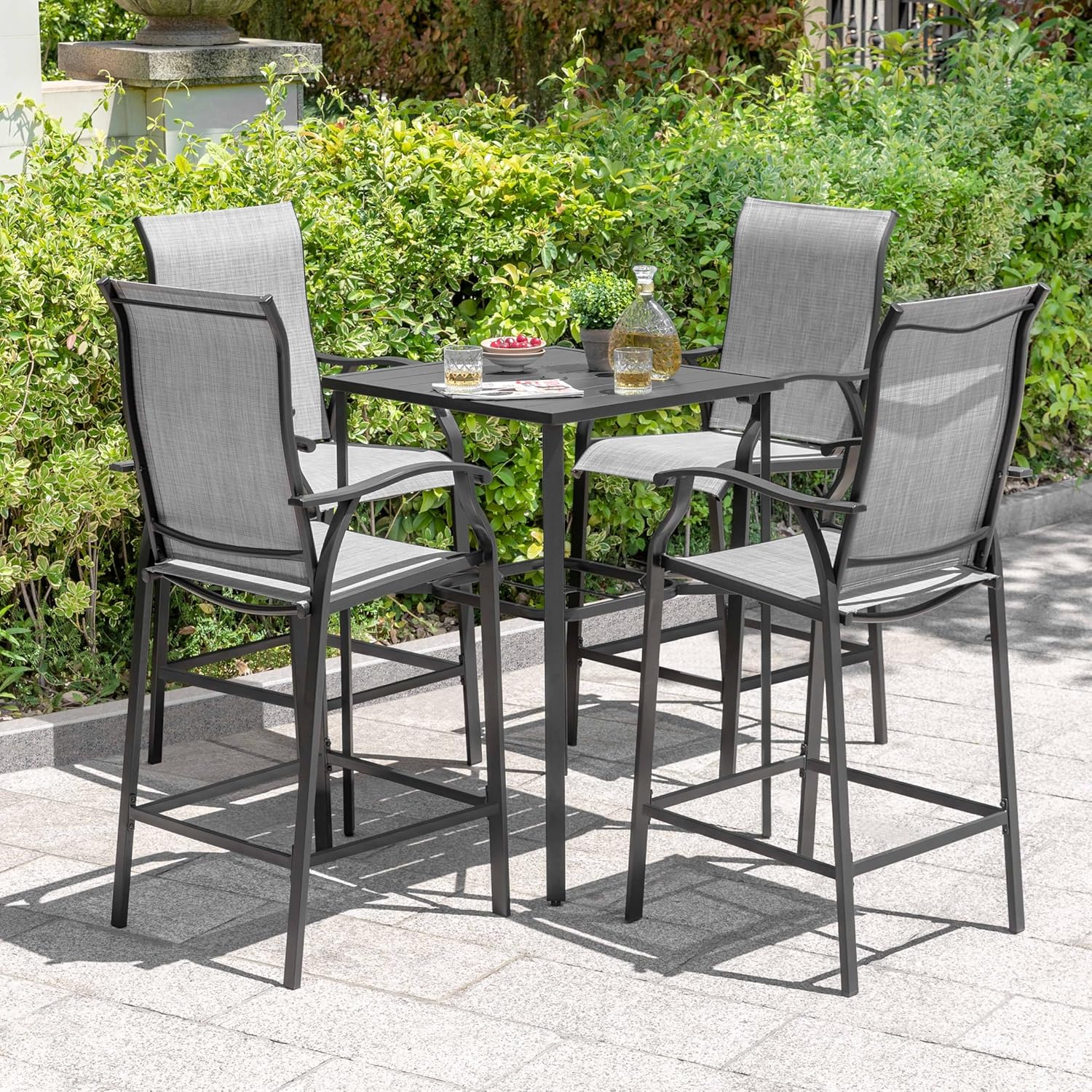 NUU GARDEN 5 Piece Outdoor Bar Set, Bar Height Patio Bistro Set, Textilene Height Back Bar Stools with Footrest and High Top Table with Umbrella Hole for Pool Porch Balcony, Black and Gray