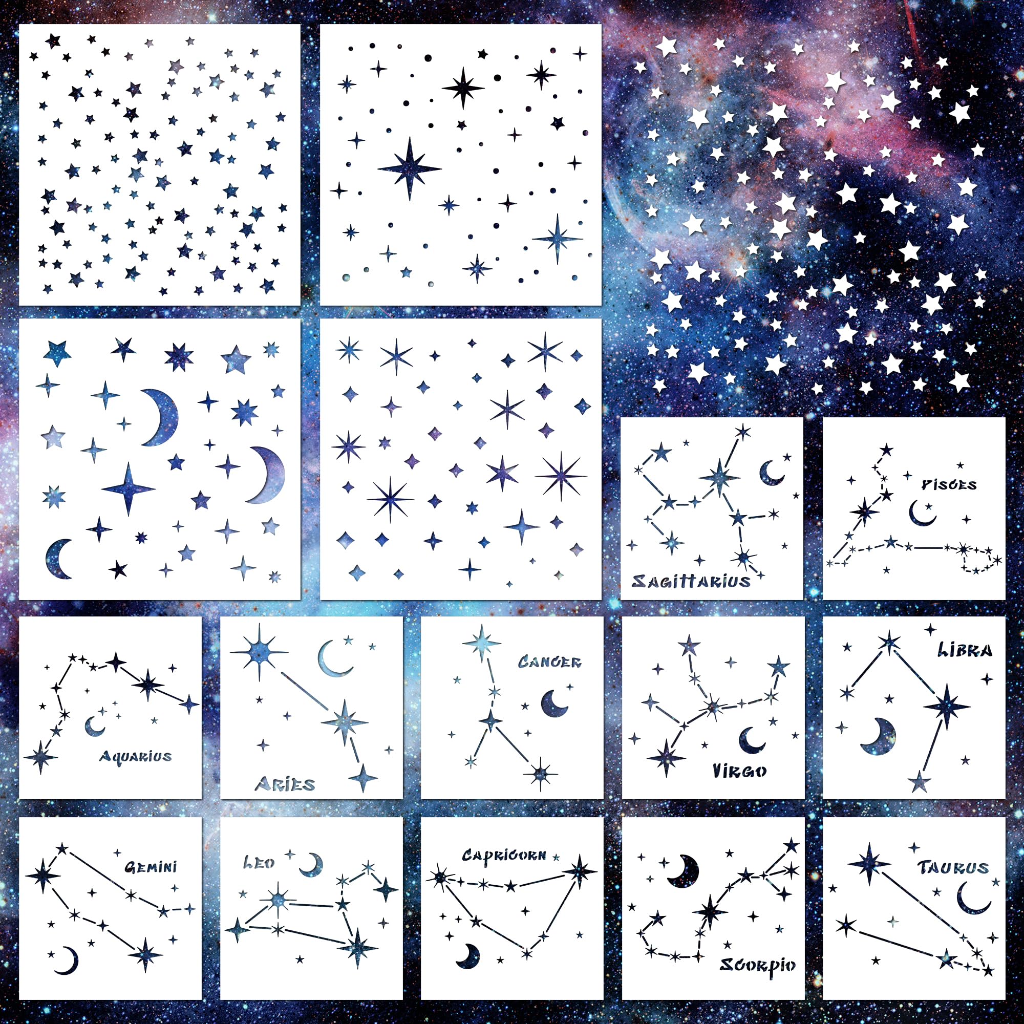 Keluna Plantillas de estrellas y luna para pintar sobre madera, pared, lienzo, muebles, 16 plantillas grandes reutilizables de constelación del zodiaco para decoración del hogar