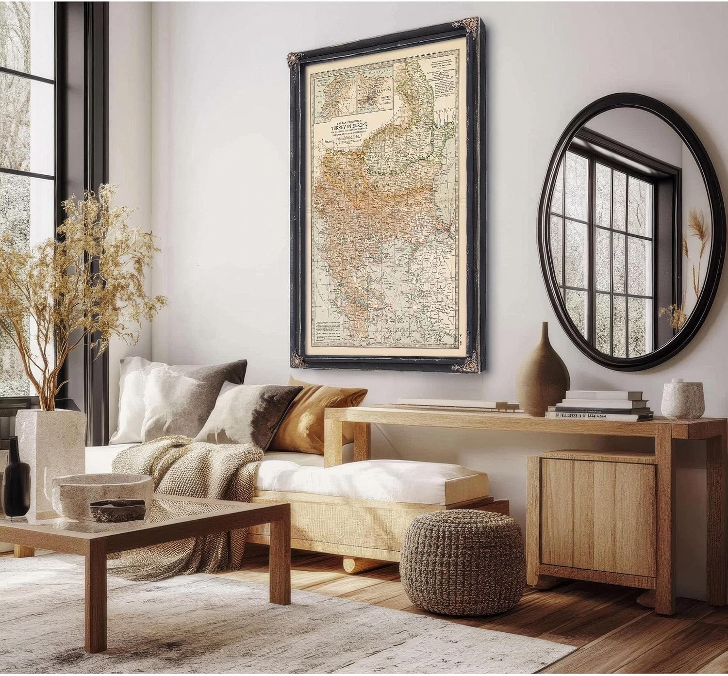 Framed Turkey Vintage Map - Ornate Embellishment Frame with Print-24" x 18" Black Frame