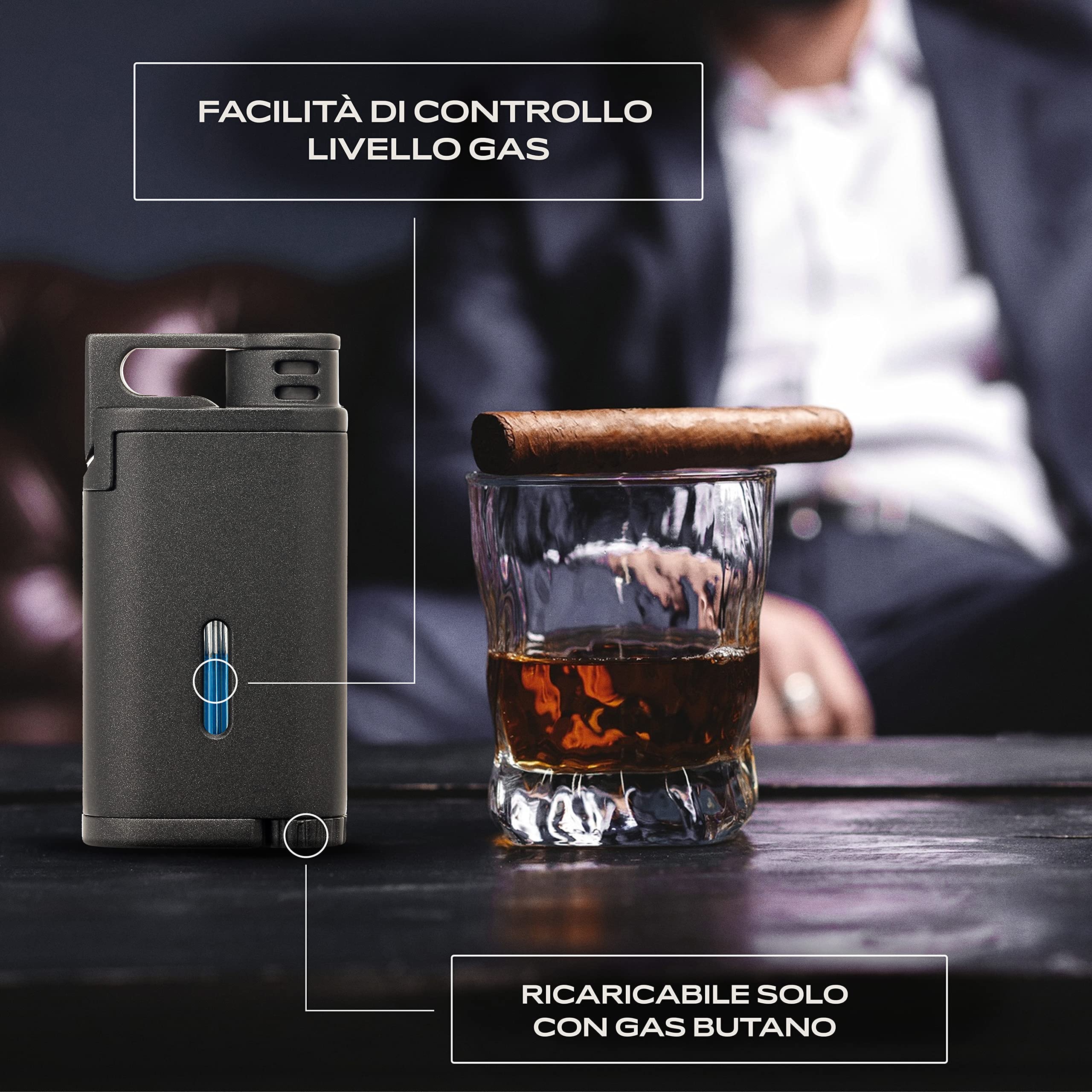 Accendino Antivento Colibri Belmont a Fiamma Singola - Ricaricabile Funziona Con Gas Butano (non Incluso) - Grande Rotella per la Regolazione Fiamma - Finestra Per Livello Gas - Confezione Regalo