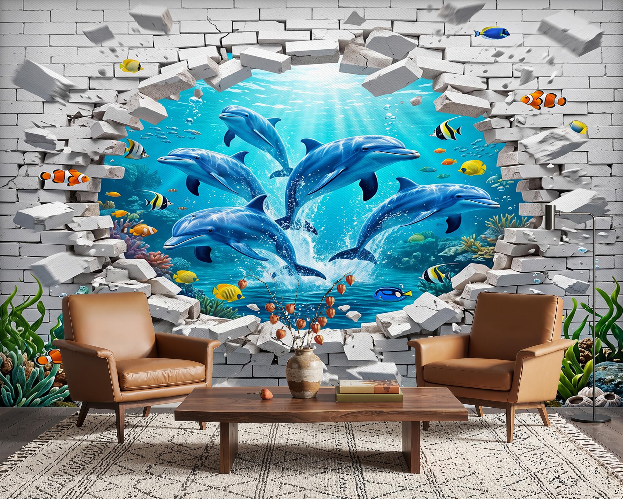 PaxGloz 3D Under the Sea Dolphin Wall Mural, Underwater Sea Life Wallpaper for Living Room & Bedroom, Non-Woven Decorative Wall Art 350x256 cm