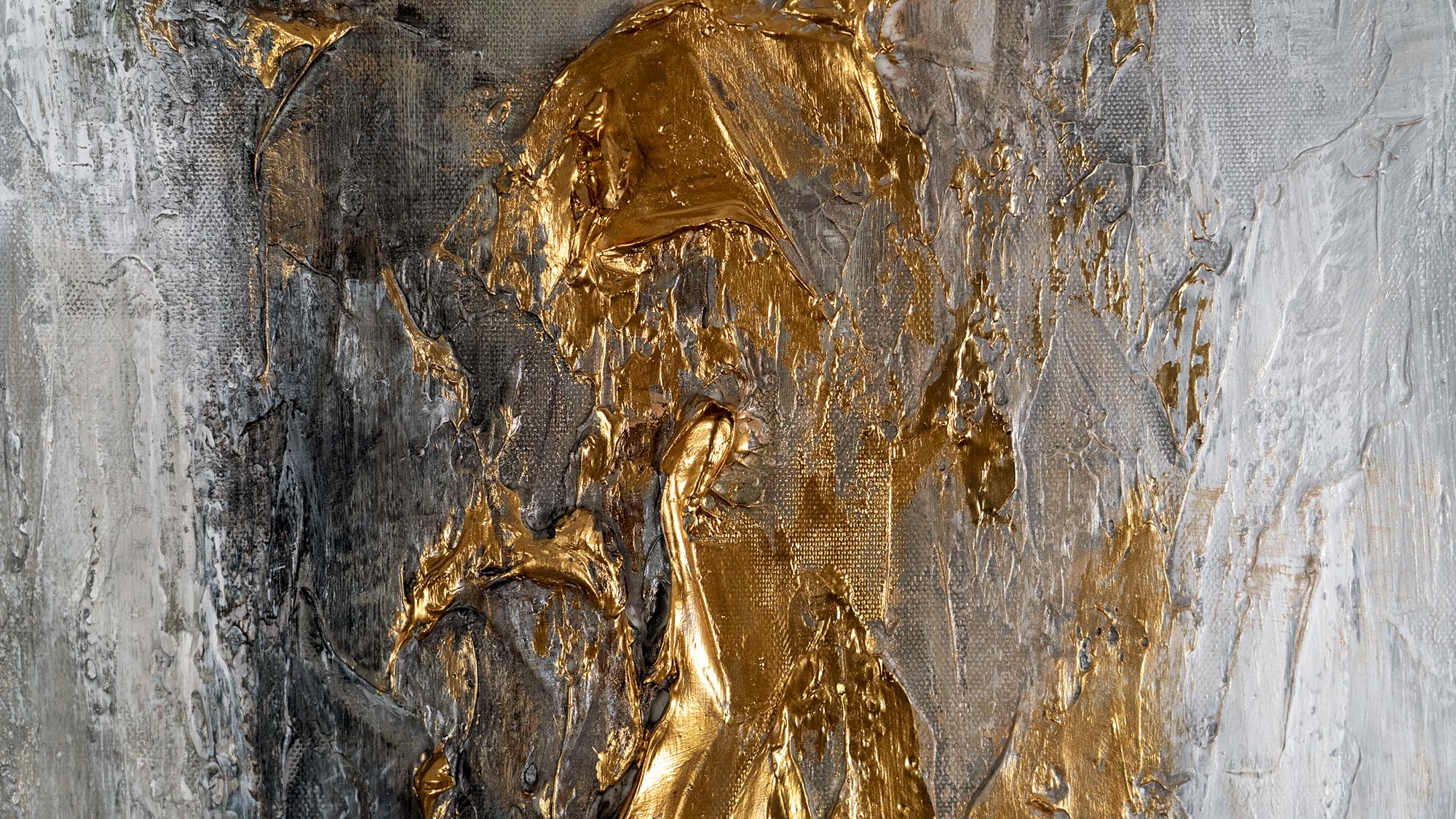 YS Enmarcado Pintado en acrílico Vía Láctea Pintura abstracta a mano Tonos verde grisáceo con dorado y plateado Decoración de pared modern 140x100 cm