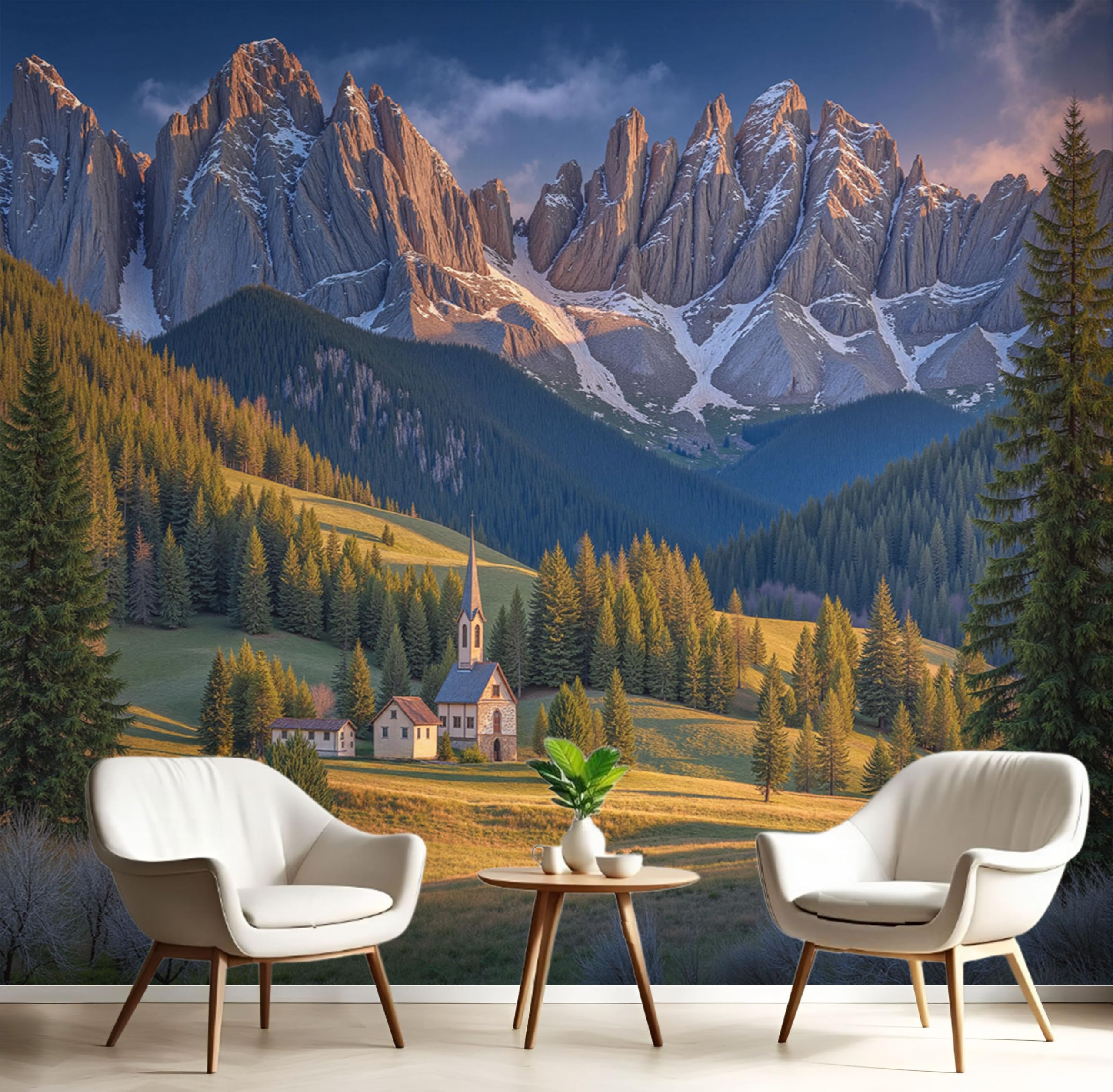Papier peint panoramique forêt et montagne italienne bleu-vert XXL 400x280 cm