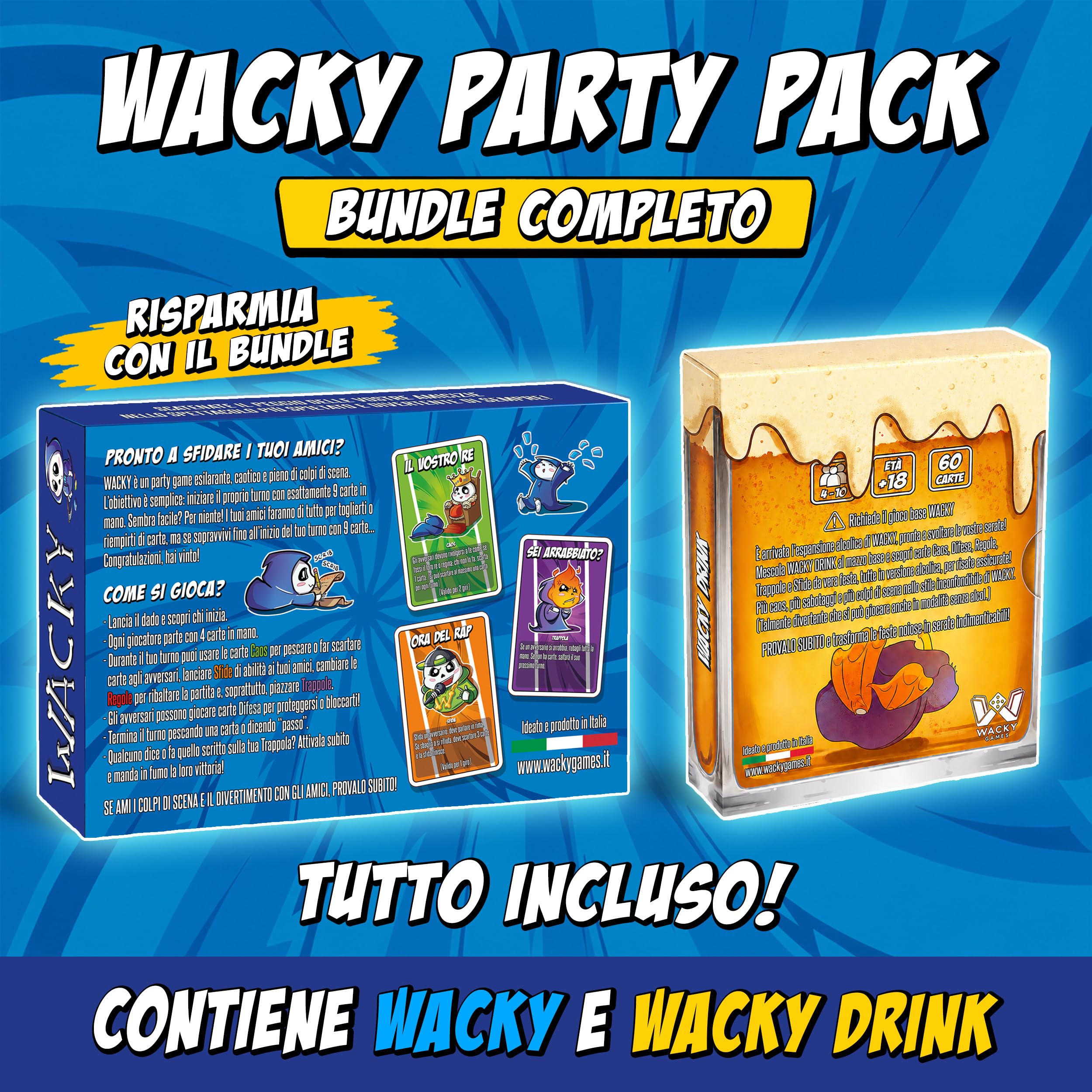 Wacky Party Pack – Gioco Base Wacky + Espansione Alcolica Wacky Drink | Drinking Game e Party Game di Carte | Gioco da Tavolo per Feste, Serate e Amici | età 18+, 4-10 Giocatori | in Italiano