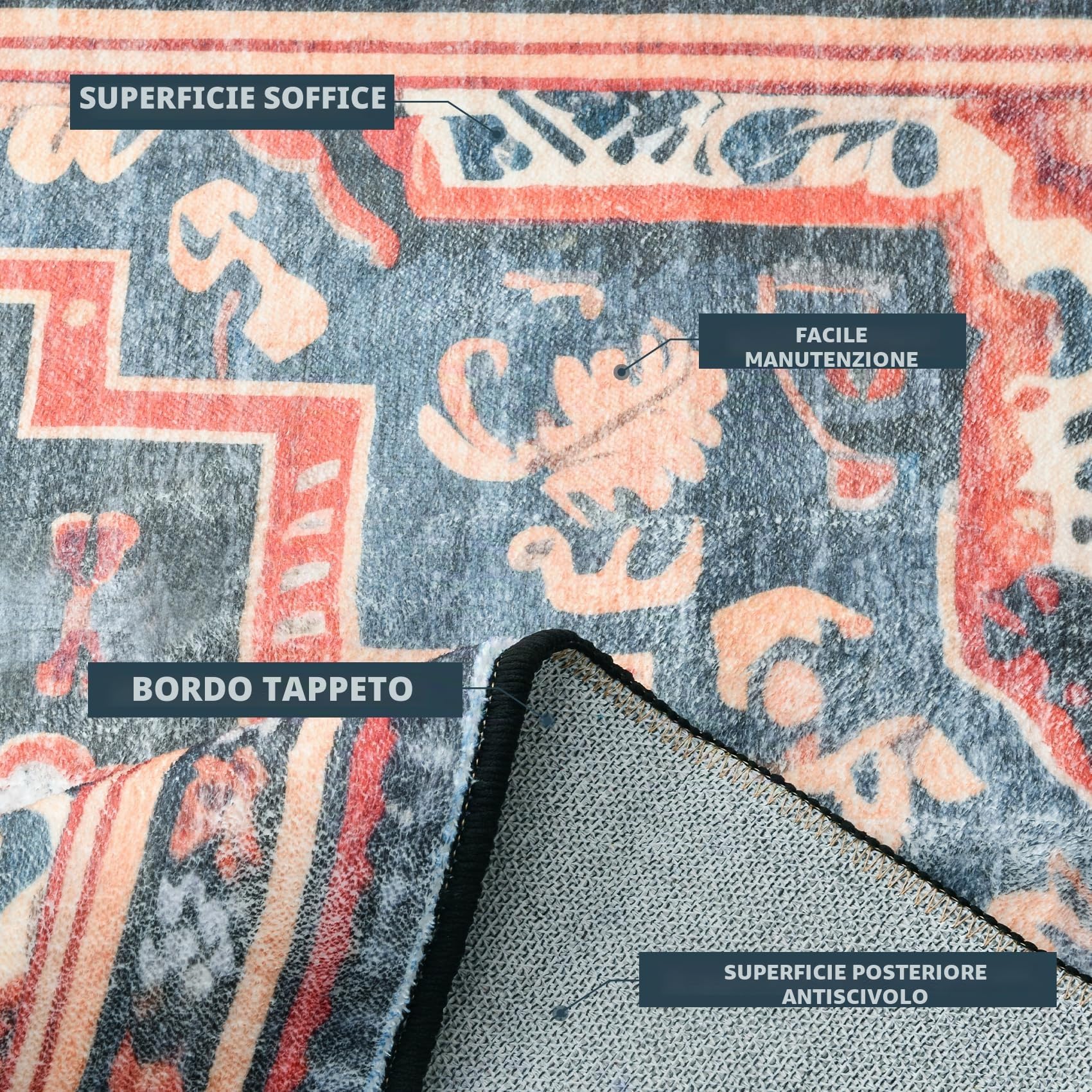 Tappeto per soggiorno, 120 x 180 cm, tappeto da comodino, cucina, antiscivolo, lavabile, per decorare la casa, camera da letto, dormitorio, camera dei bambini, salotto, ufficio, blu scuro, arancione