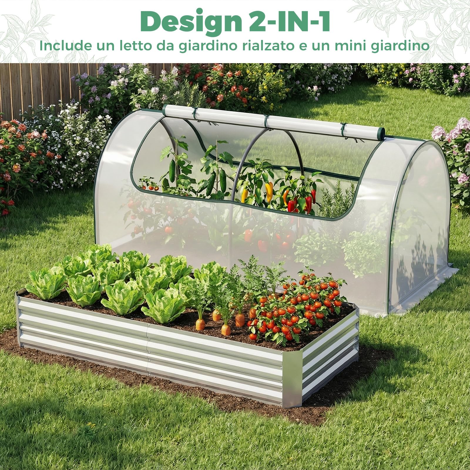 COSTWAY Orto Rialzato Zincato con Serra, Aiuola Senza Fondo con Copertura Trasparente, Fioriere con Finestre Avvolgibili per Giardino e Terrazzo (202 x 101 x 81 cm)