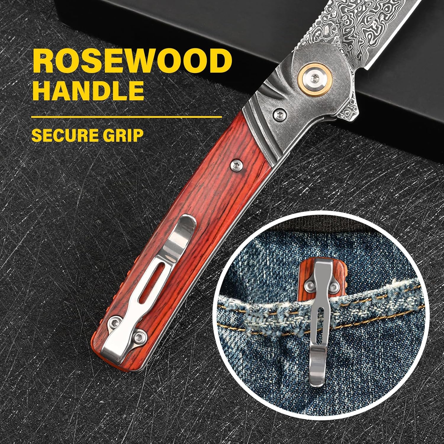 Damascus Pocket Knife with Clip Folding Knives for Men Tactical Hunting Outdoors Camping Survival Gear Edc Tools fishing Knifes (Black steel head)