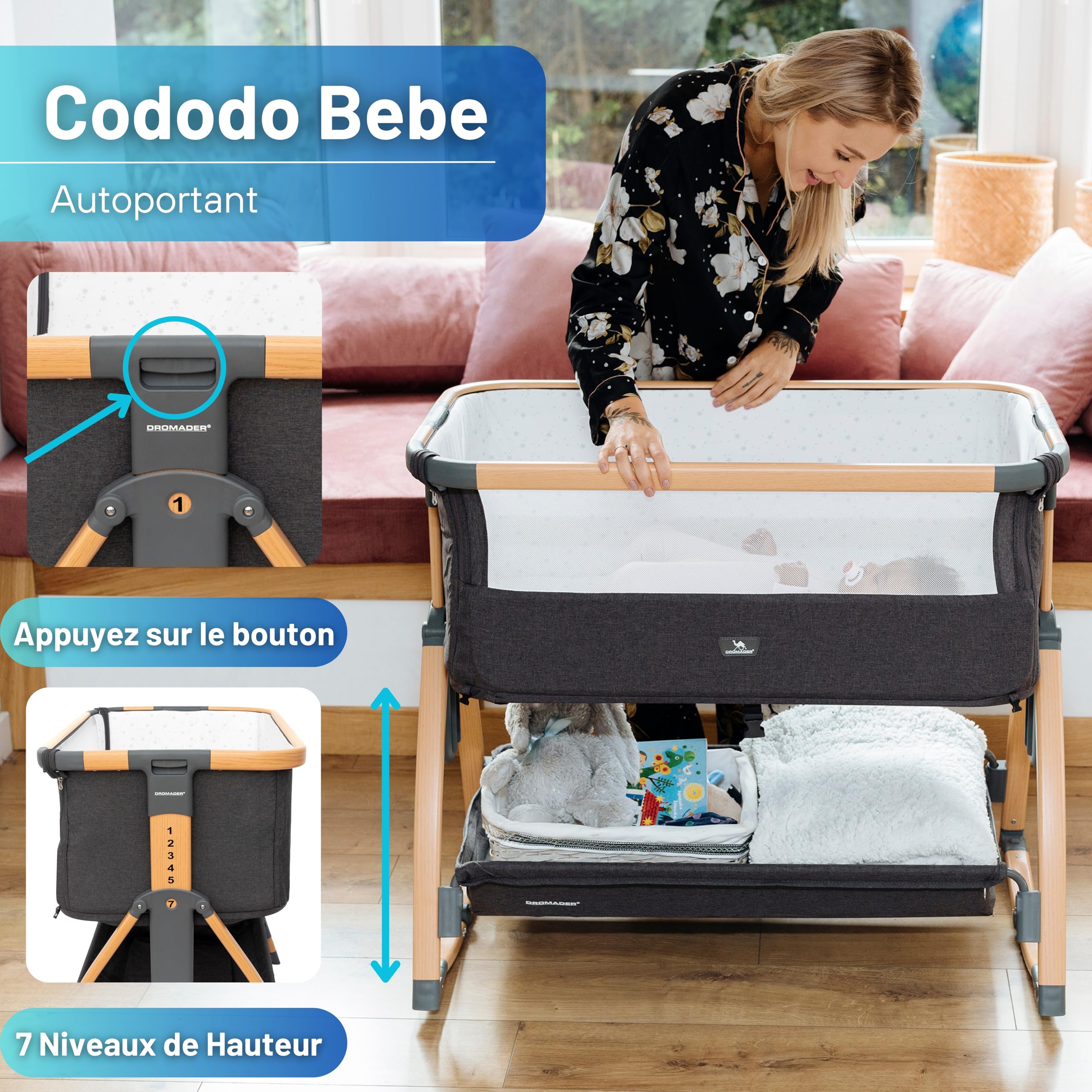 DROMADER Berceau Cododo Évolutif | Lit Bébé à roulettes, 7 Niveaux | Lit cododo, côté rabattable · Réglable sur 7 niveaux · Matelas fourni · Cadre bois à roulettes · Pliable